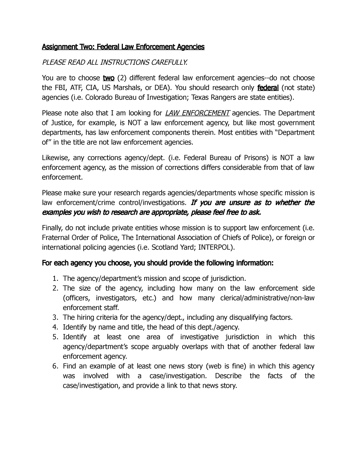 Assignment 2 Federal Law Enforcement Agencies F22edits Assignment Two Federal Law Enforcement 