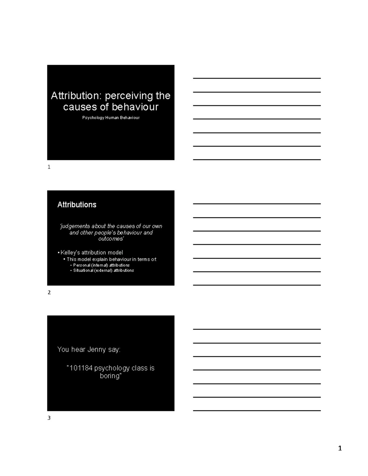 lecture notes - Brain and behaviour week 5 - Attribution: perceiving ...
