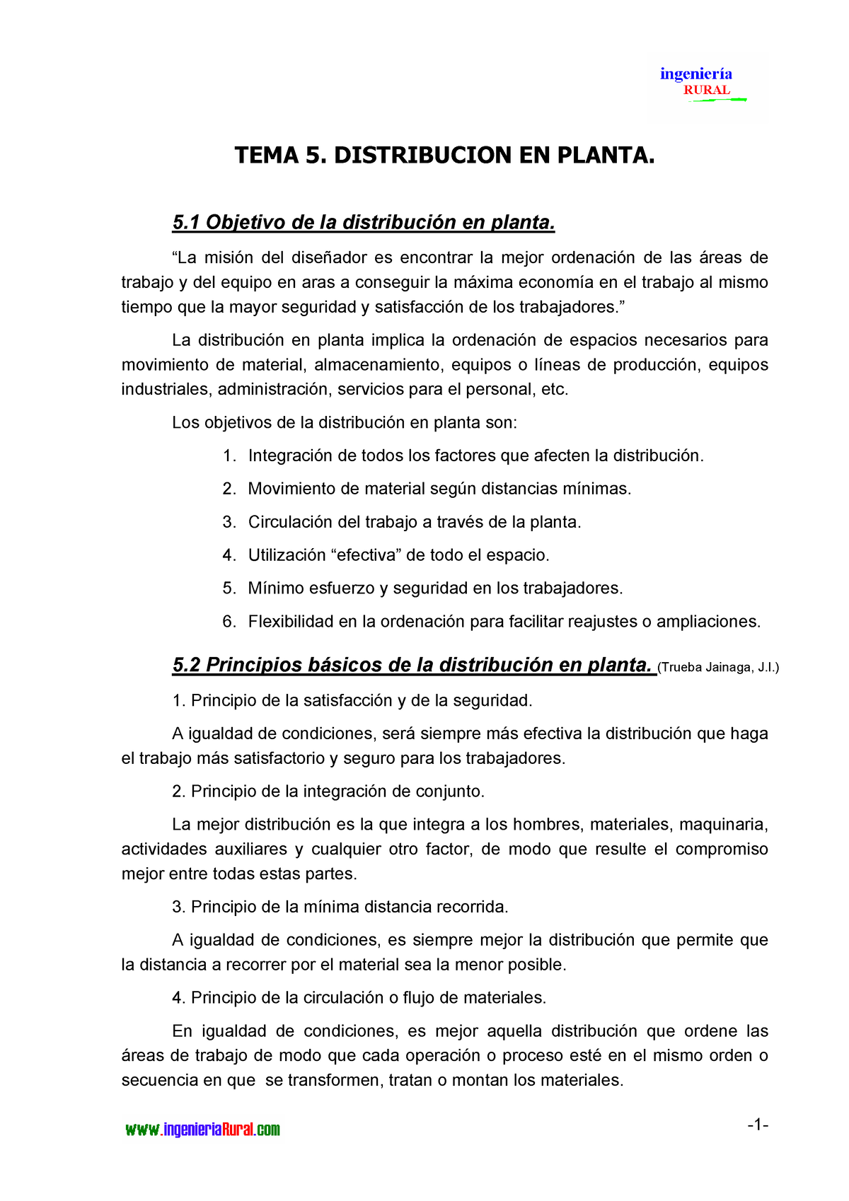 Distribución EN Planta - TEMA 5. DISTRIBUCION EN PLANTA. 5 Objetivo de ...