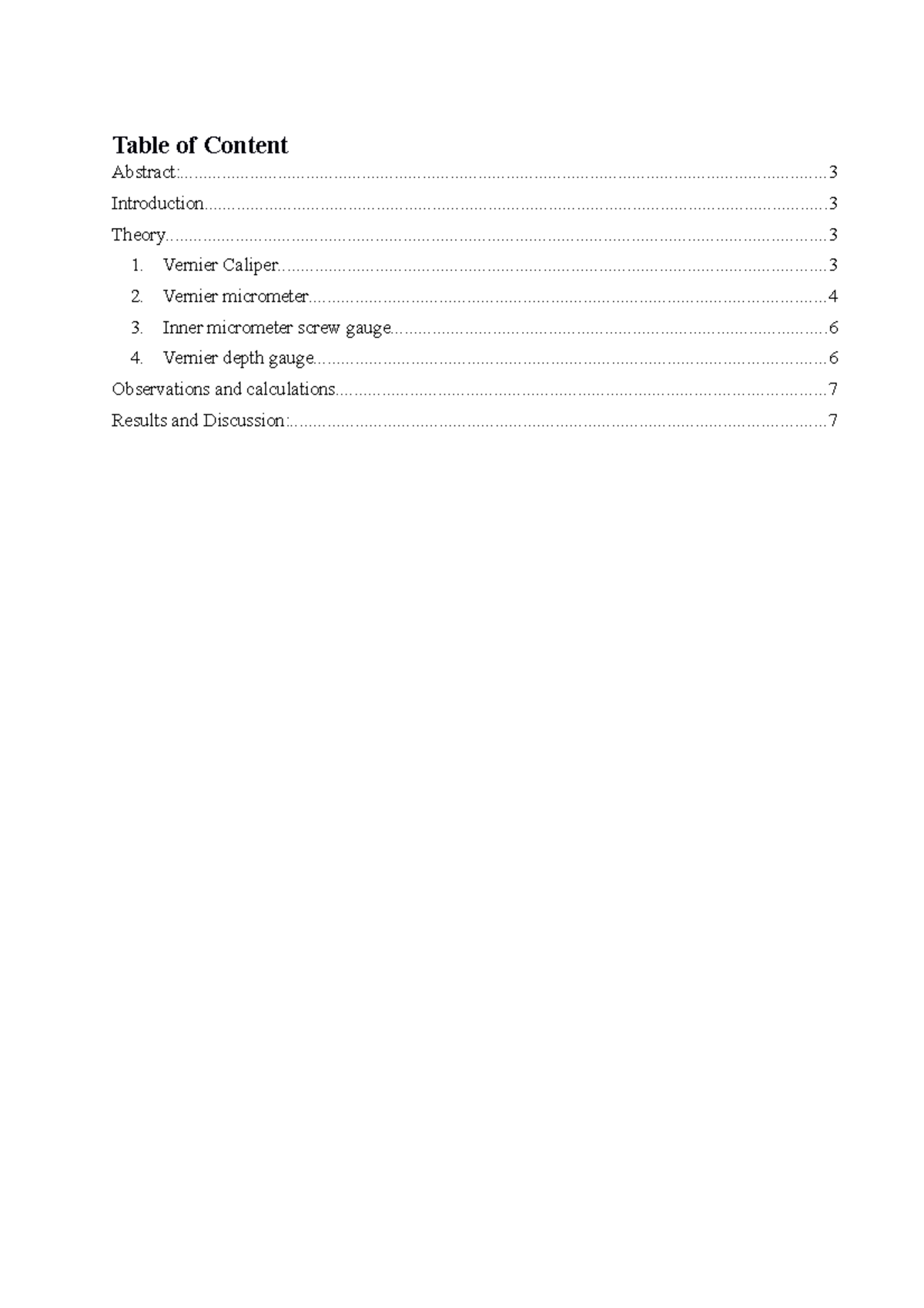 Study of Vernier Caliper, Inner Micrometer and Depth Micrometer (Lab