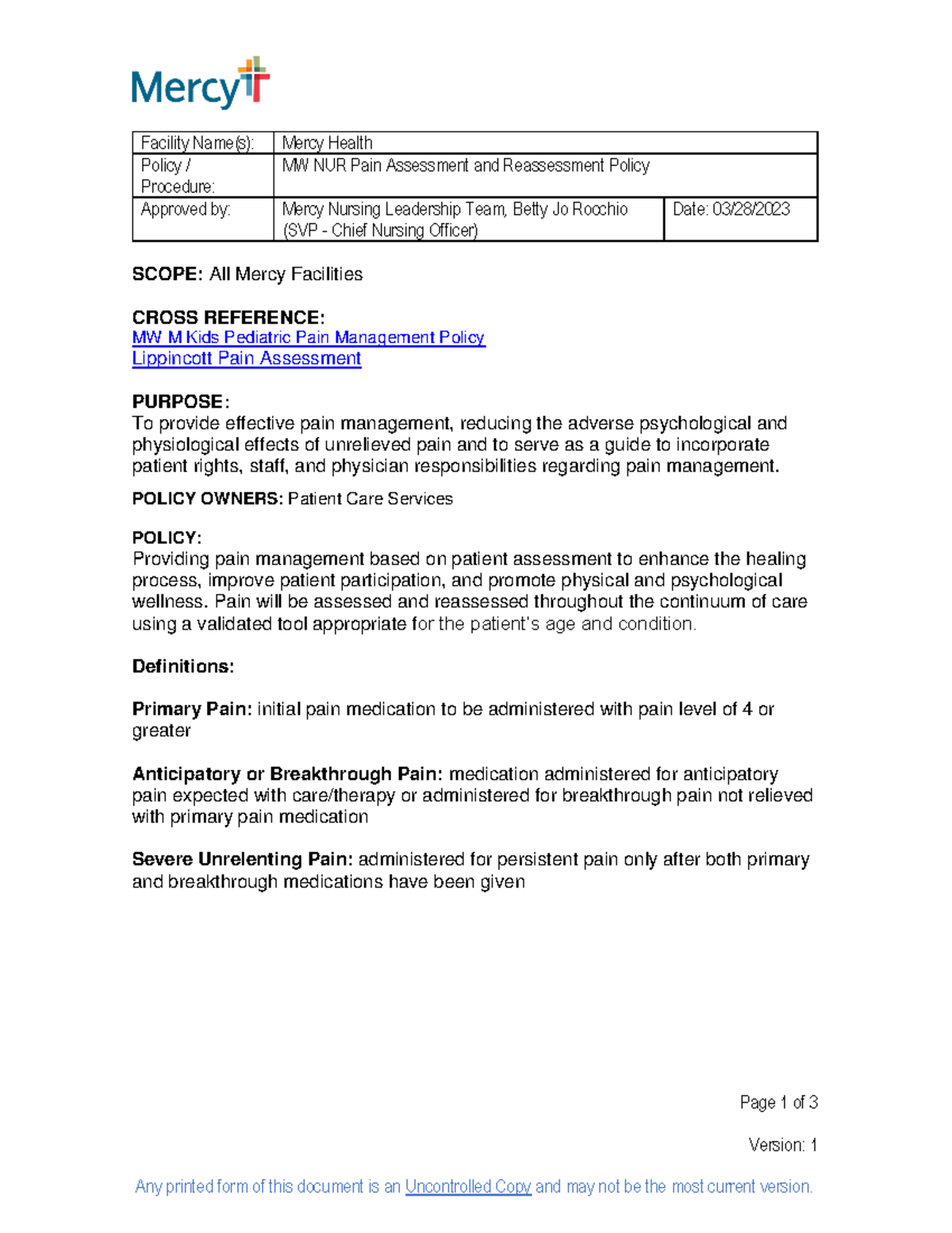 Pain Management policy 3 - Any printed form of this document is an ...