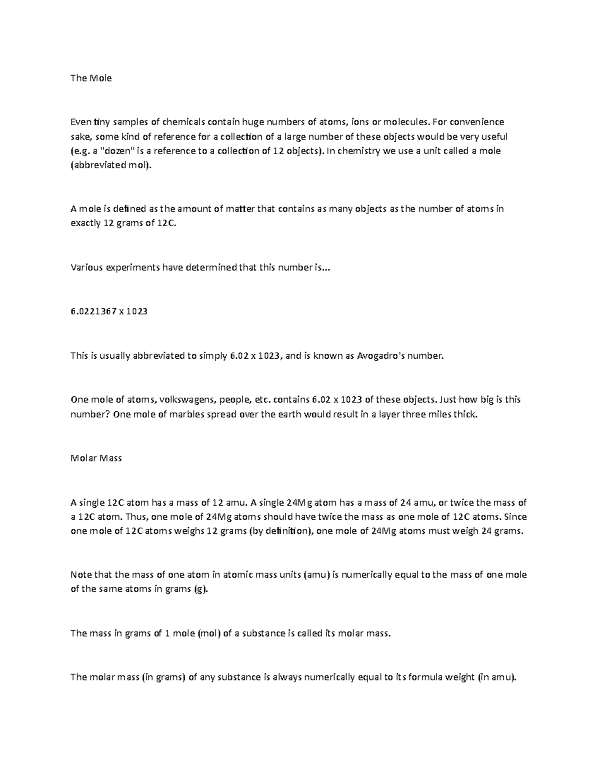 The Mole - Lecture notes 22 - The Mole Even tiny samples of chemicals ...