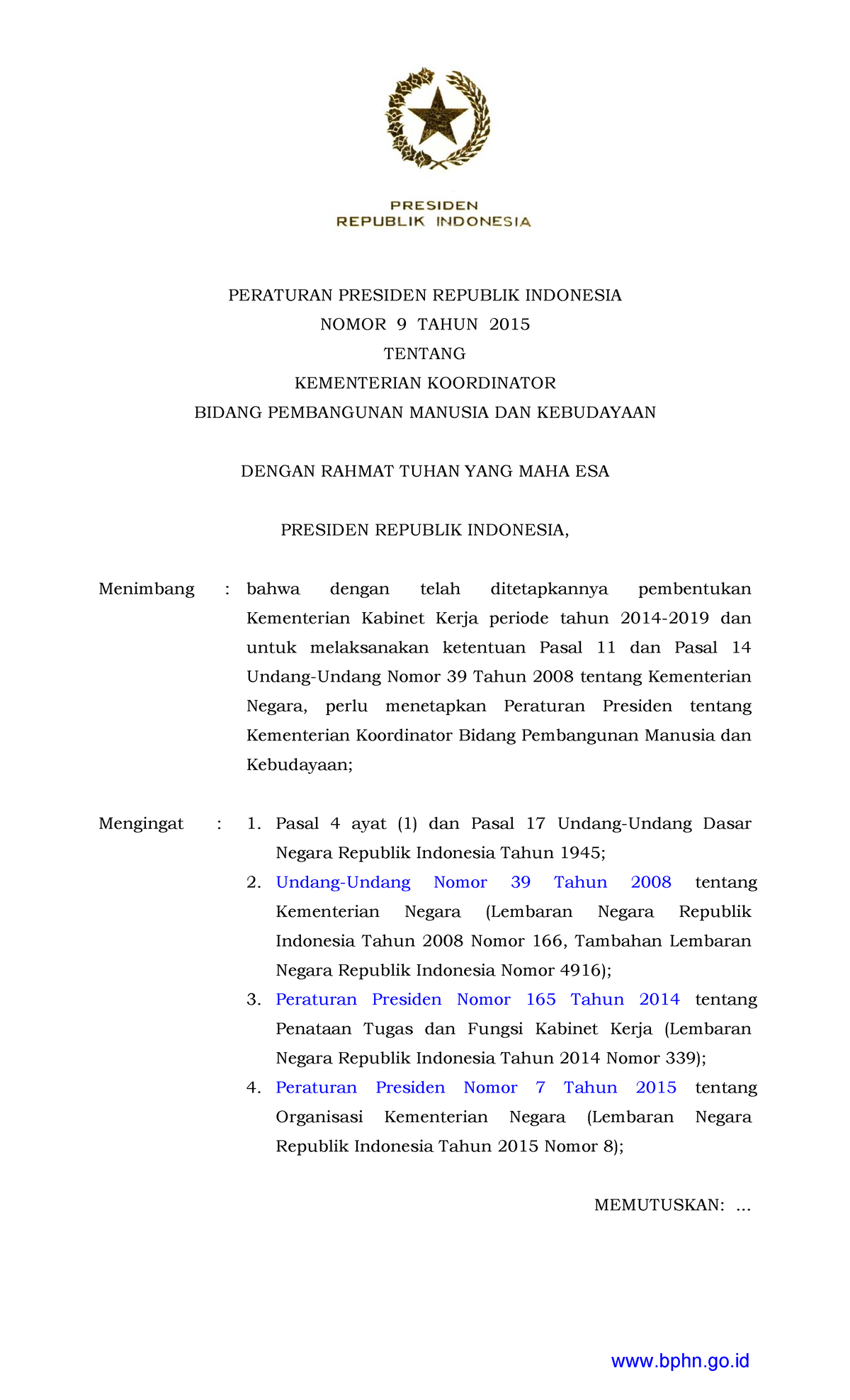 15pr009 - Text - PERATURAN PRESIDEN REPUBLIK INDONESIA NOMOR 9 TAHUN ...