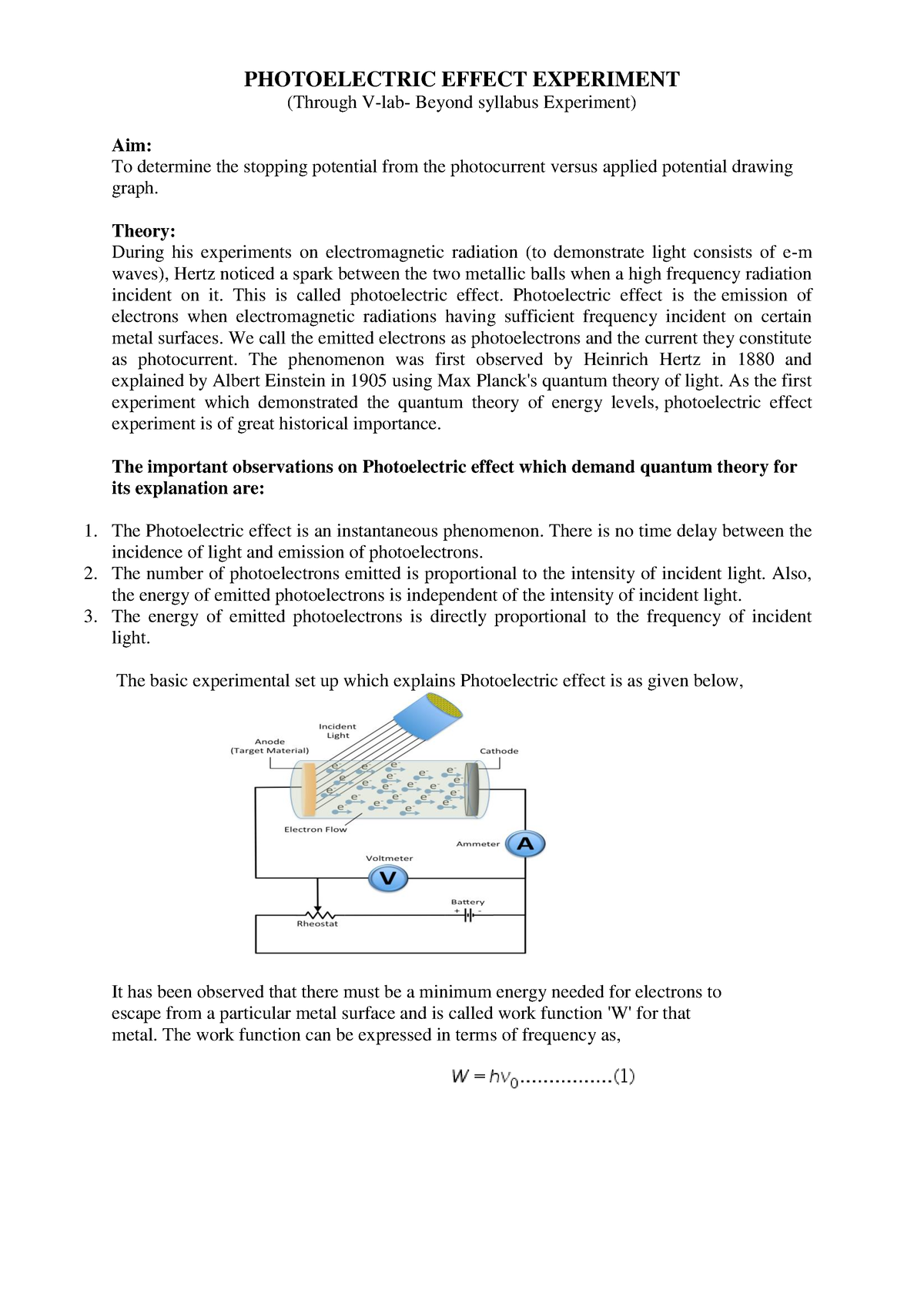 Photoelectric Effect Exp - PHOTOELECTRIC EFFECT EXPERIMENT (Through V ...