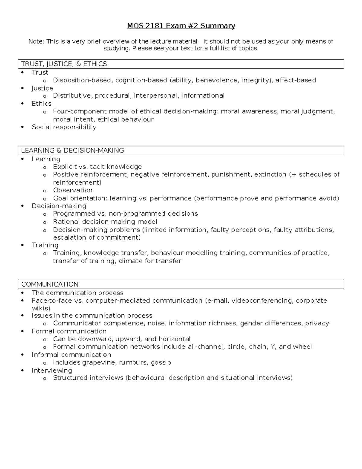 MOS 2181B Winter 2024 Exam 2 Summary - MOS 2181 Exam #2 Summary Note ...