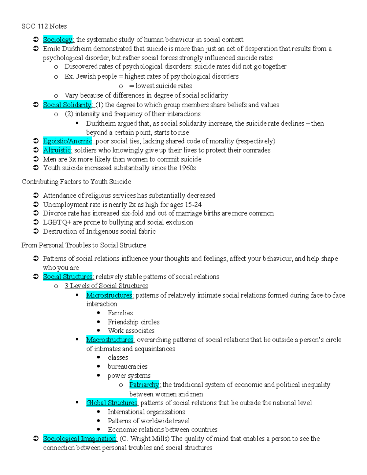 SOC 112 Lecture and Reading Notes - SOC 112 Notes Sociology : the ...