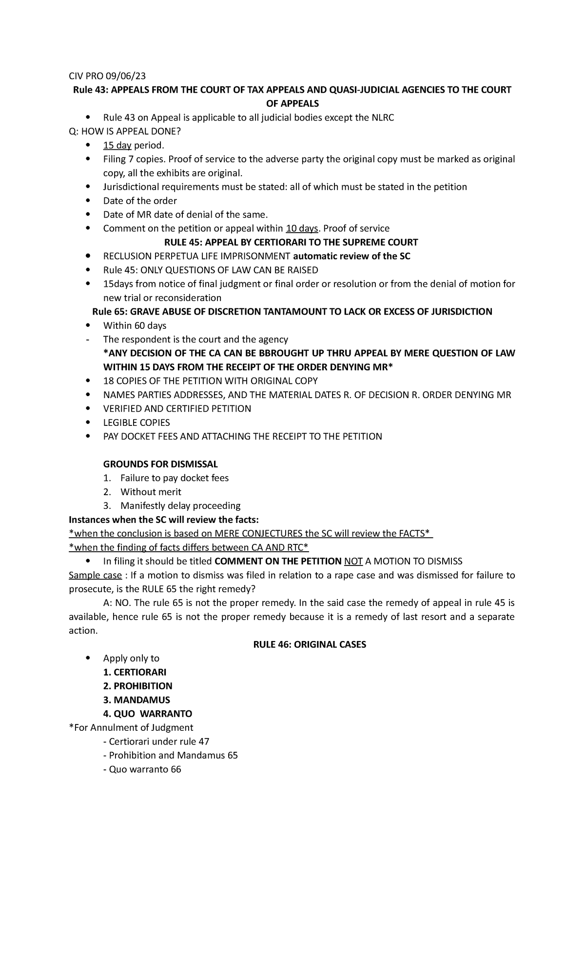 Civil Procedure 2 - CIV PRO 09/06/ Rule 43: APPEALS FROM THE COURT OF ...