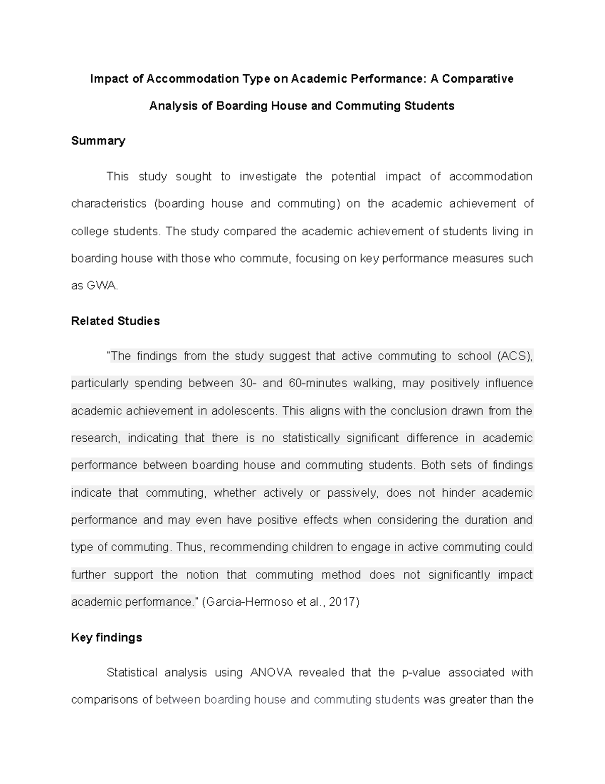 Res1 - Hydrology - Impact of Accommodation Type on Academic Performance ...