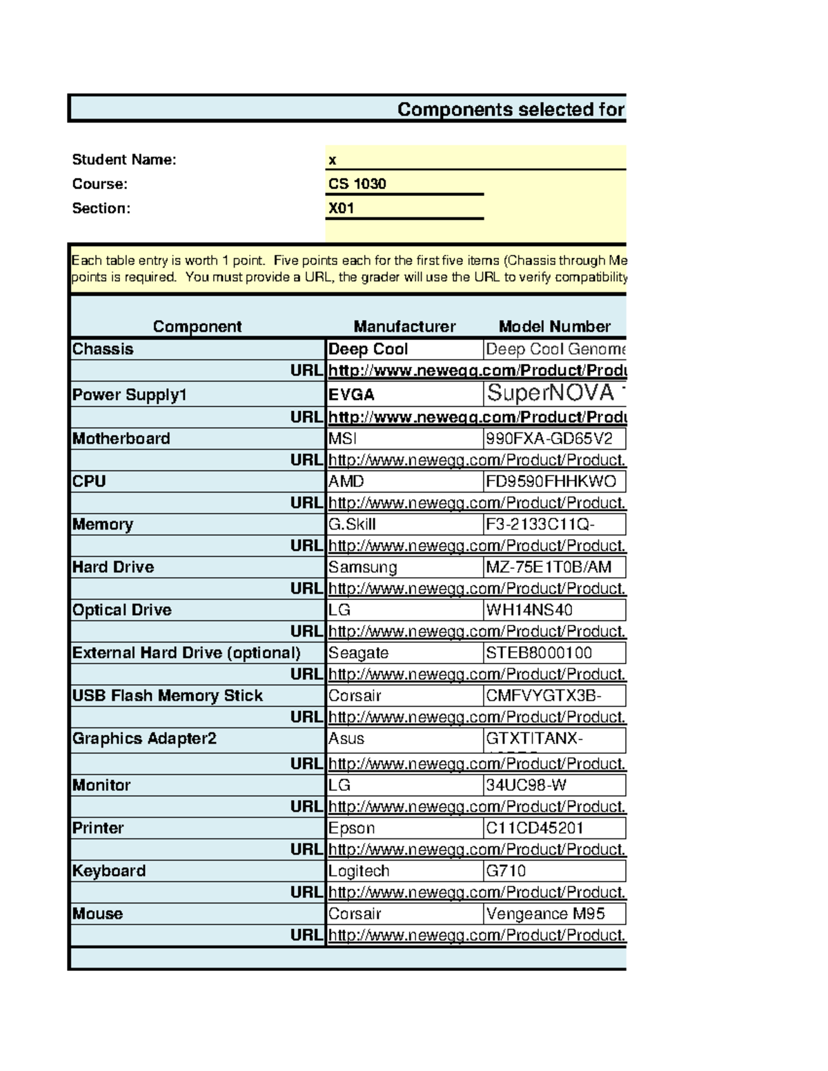 Build My PC Spread Sheet - Student Name: Course: CS 1030 Section: X ...
