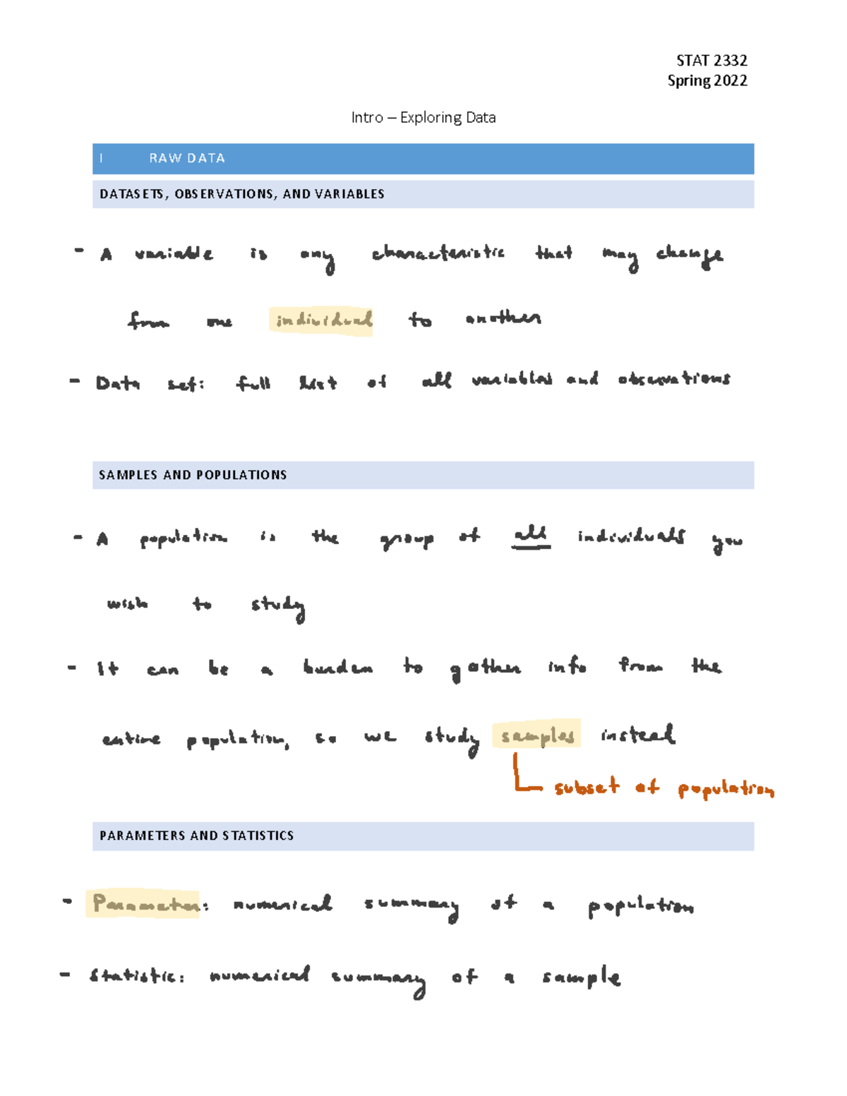 Chapter 2 (1 of 2) - Spring 2022 Intro – Exploring Data I RAW D ATA D A ...