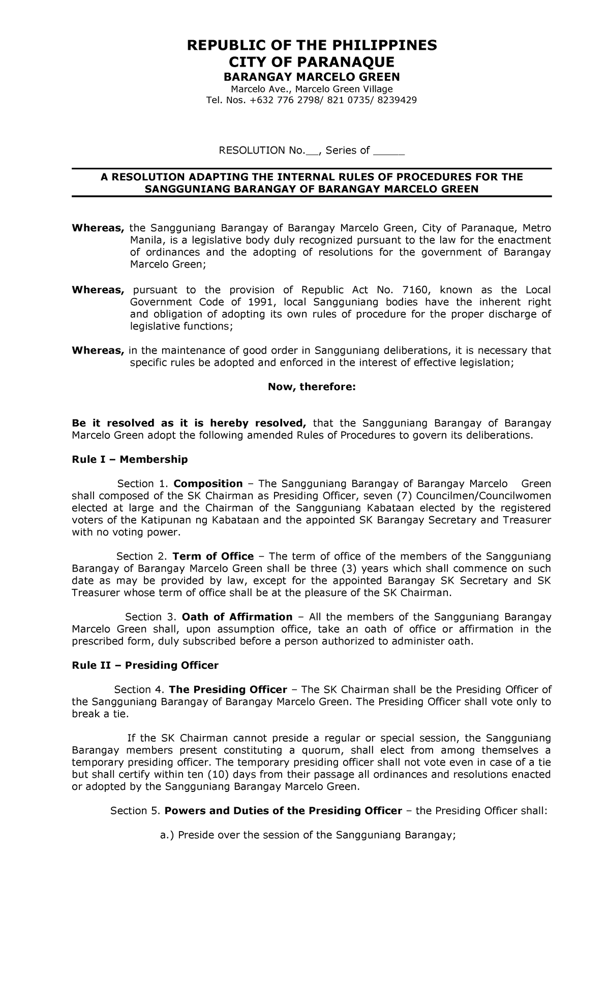 IRR Reso draft - CITY OF PARANAQUE BARANGAY MARCELO GREEN Marcelo Ave ...