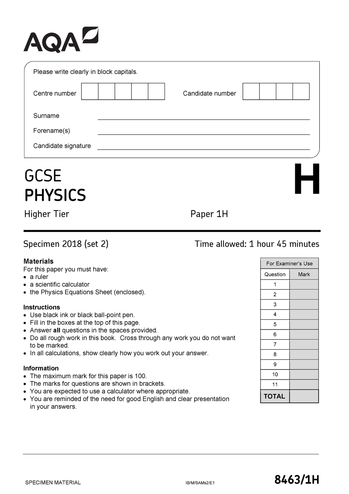 GCE practice 8463-1H-QP-Physics-Specimen(Set 2) v1 - SPECIMEN MATERIAL ...