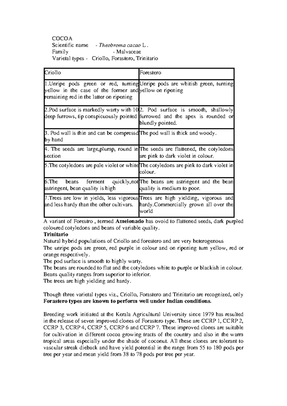 detailed notes on cocoa COCOA Scientific name Theobroma cacao L