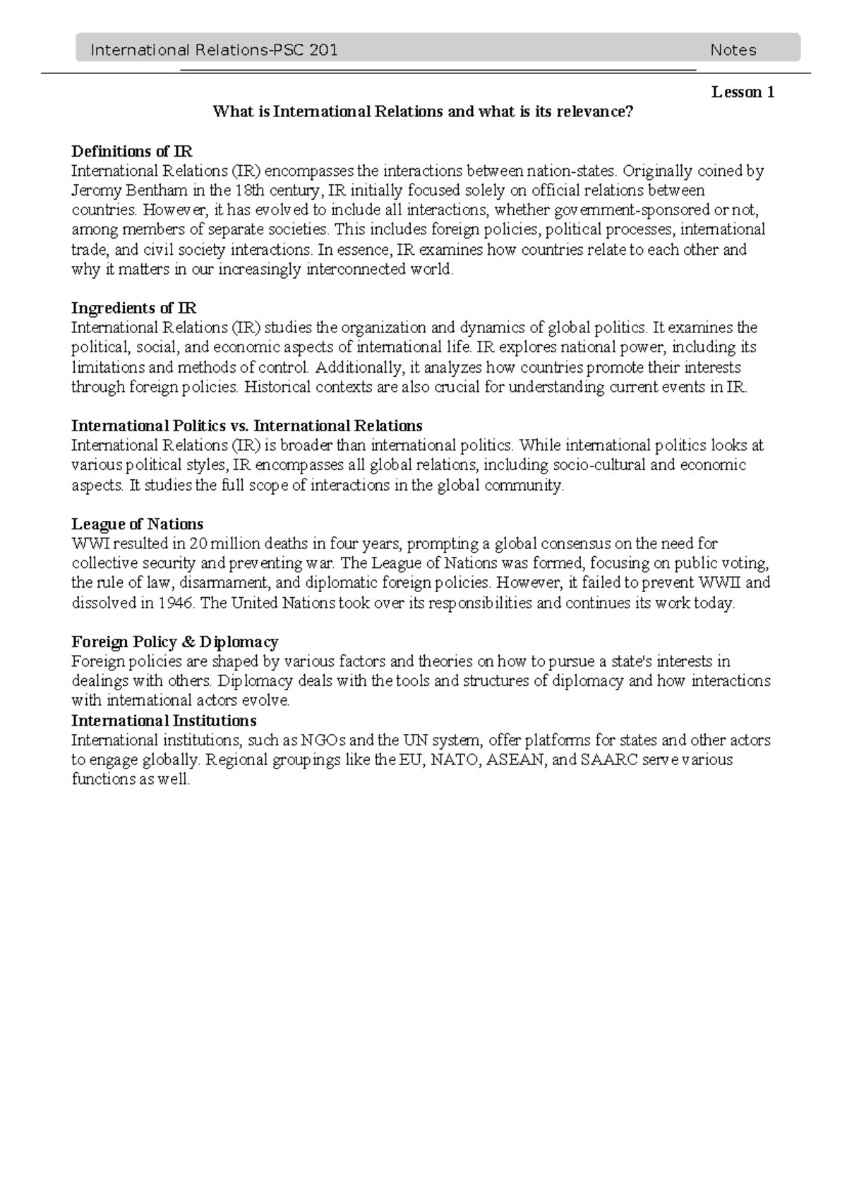 PSC201 Short Notes - Lesson 1 What Is International Relations And What ...