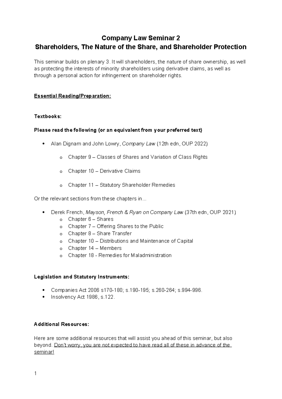 Company Law Seminar 2 - It will shareholders, the nature of share ...