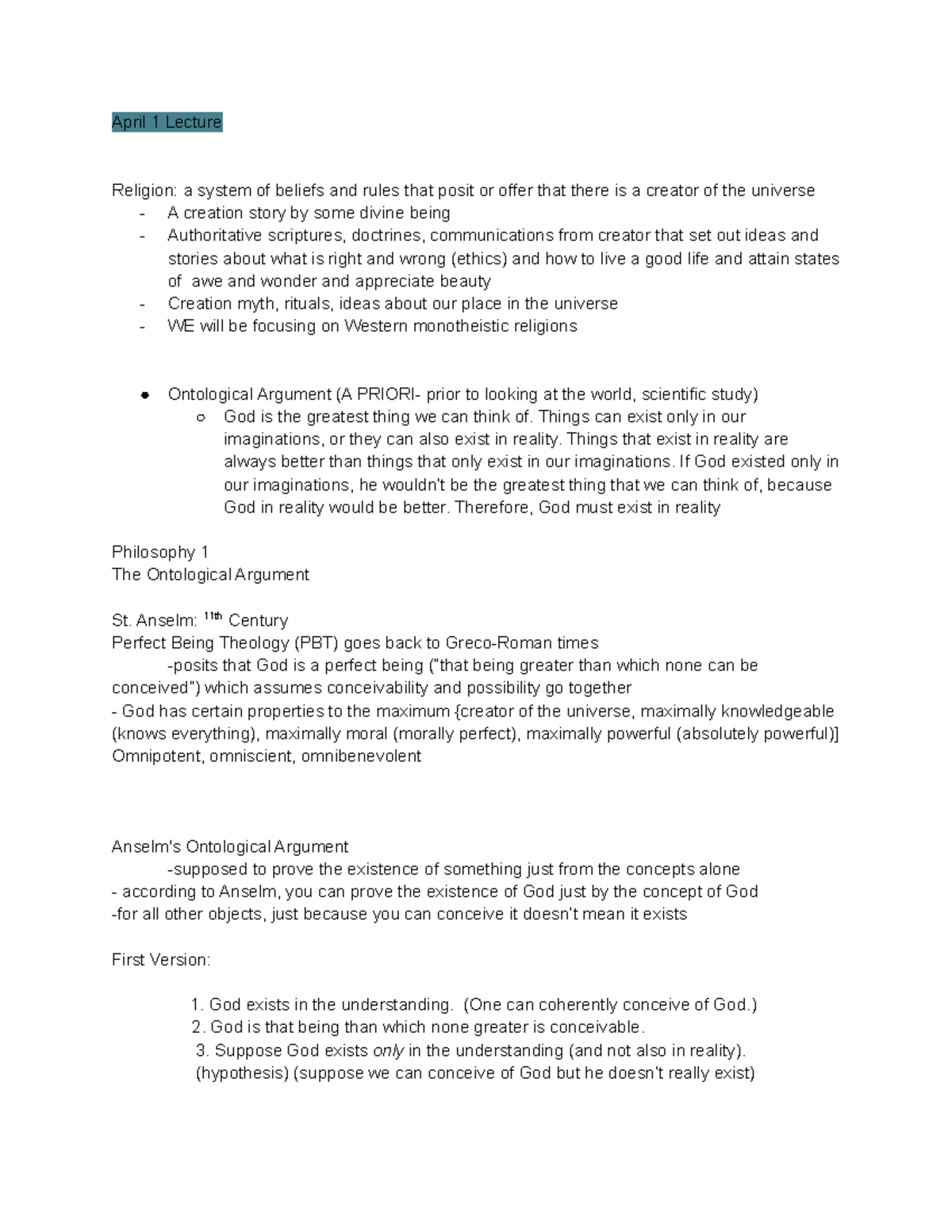 PHIL001 Lecture Notes Part 1/3 - April 1 Lecture Religion: a system of ...