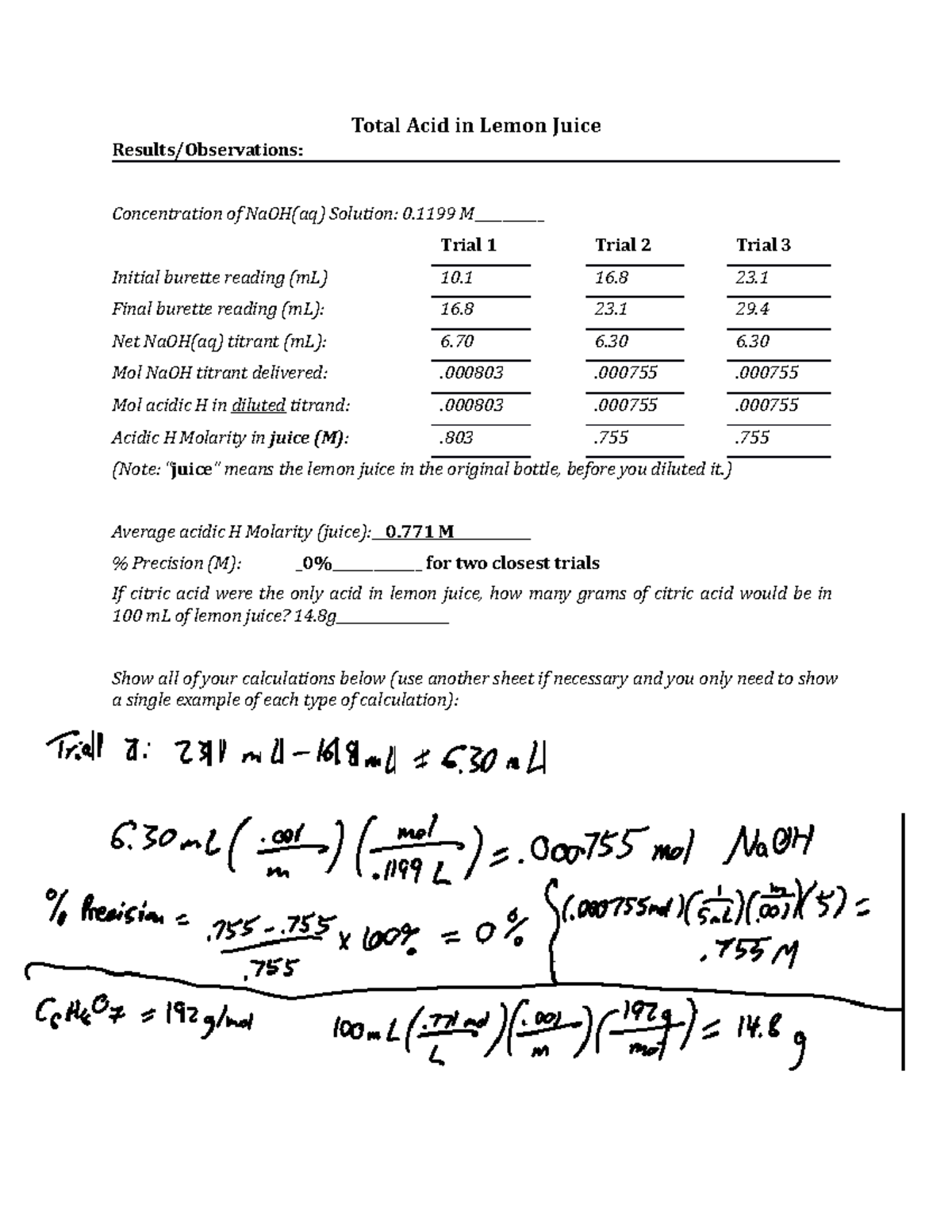 Titration Lab Total Acid in Lemon Juice Results/Observations