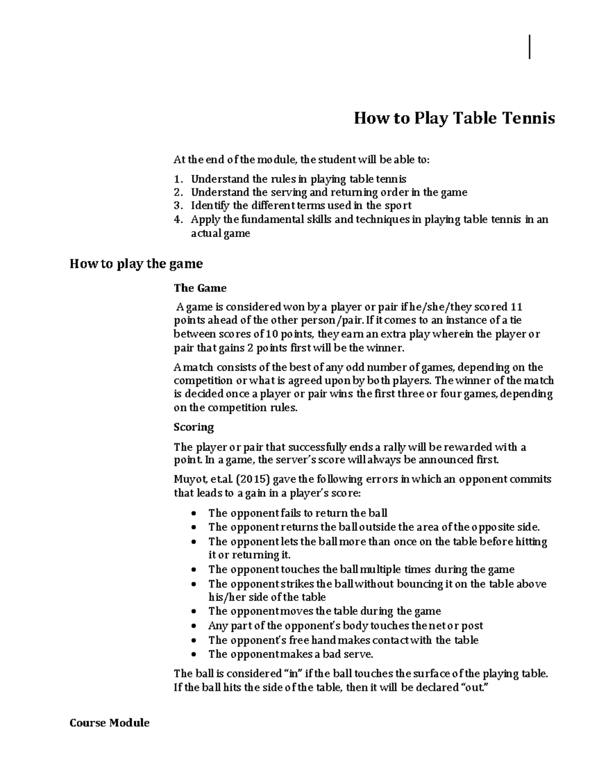 Week 004Module How to play Table Tennis Course Module How to Play