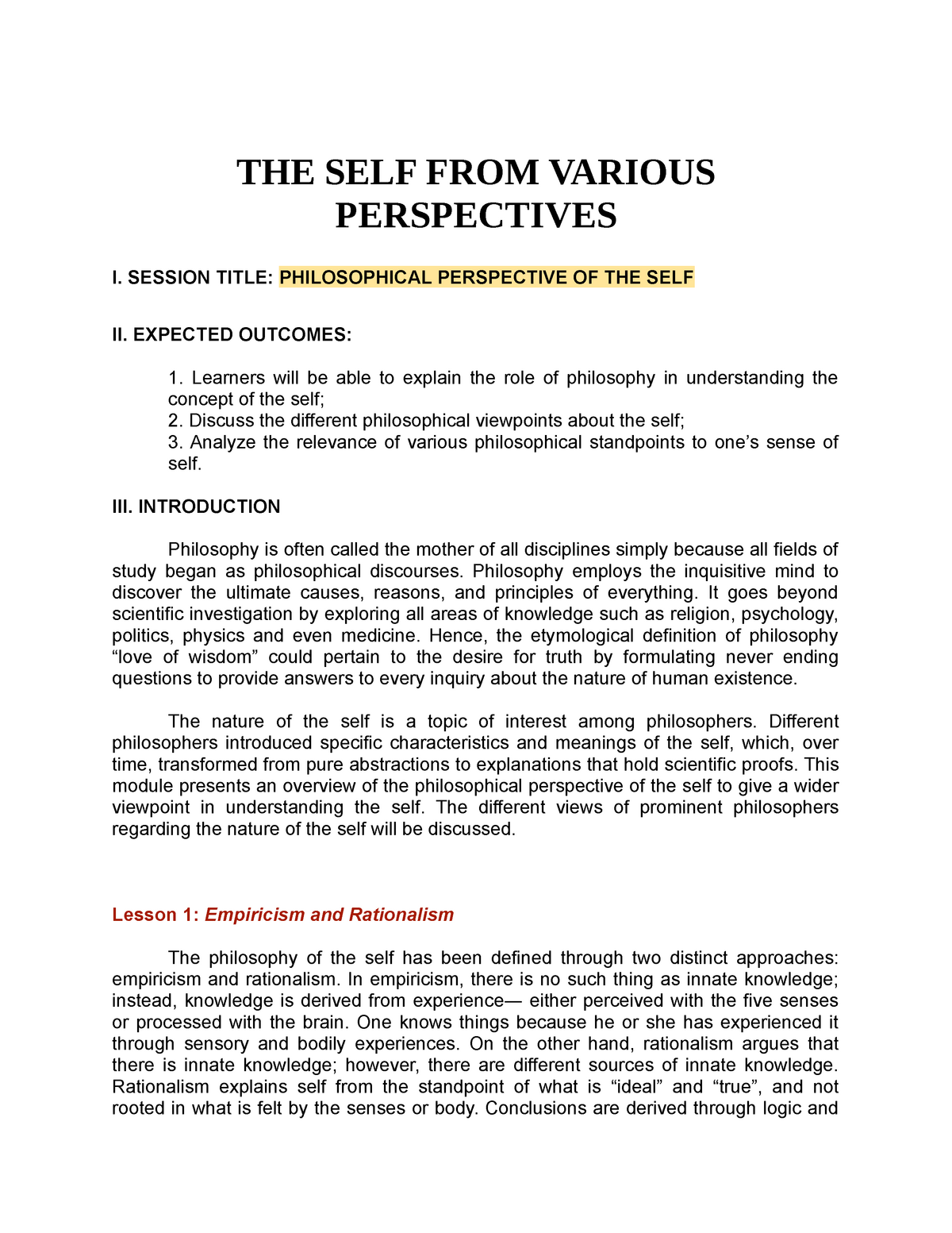 philosophical perspective of self essay brainly