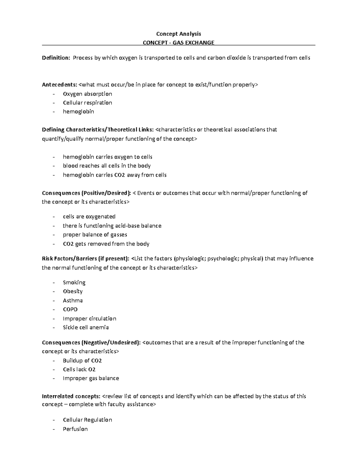 SV Concept Analysis Template Gas Exchange Concept Analysis CONCEPT