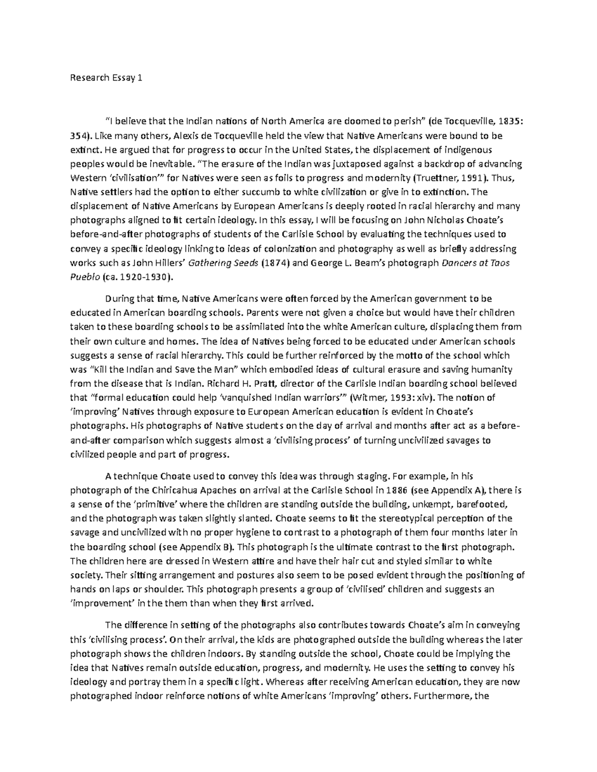 Research Essay 1 - Like many others, Alexis de Tocqueville held the ...