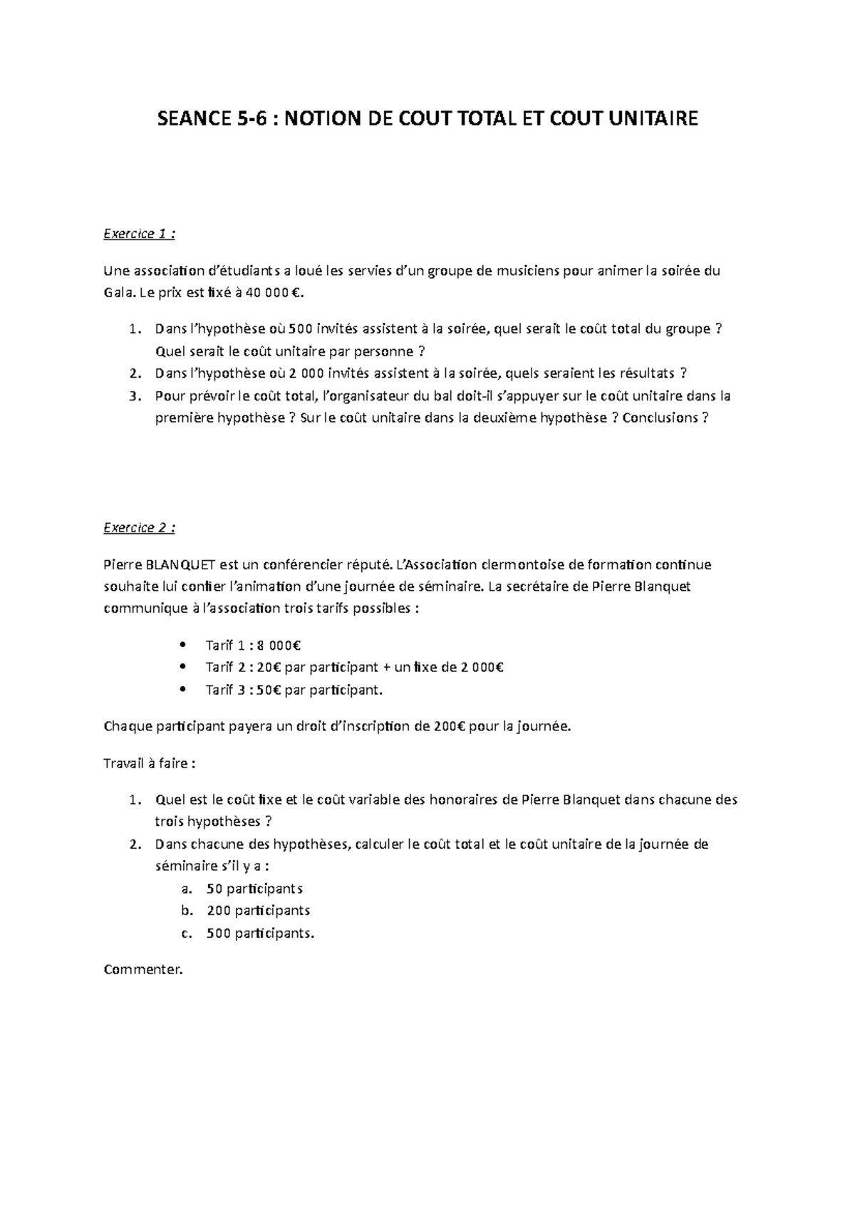 Out total et unitaire FF FV - SEANCE 5-6 : NOTION DE COUT TOTAL ET COUT ...
