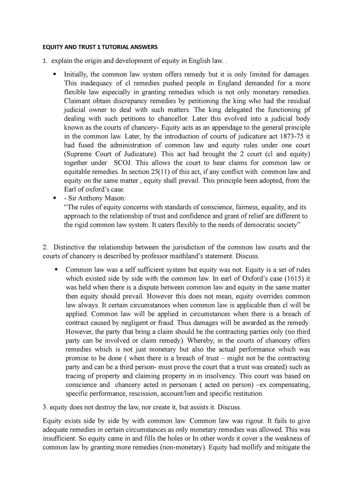 Equity AND Trust 1 Tutorial Answers - EQUITY AND TRUST 1 TUTORIAL