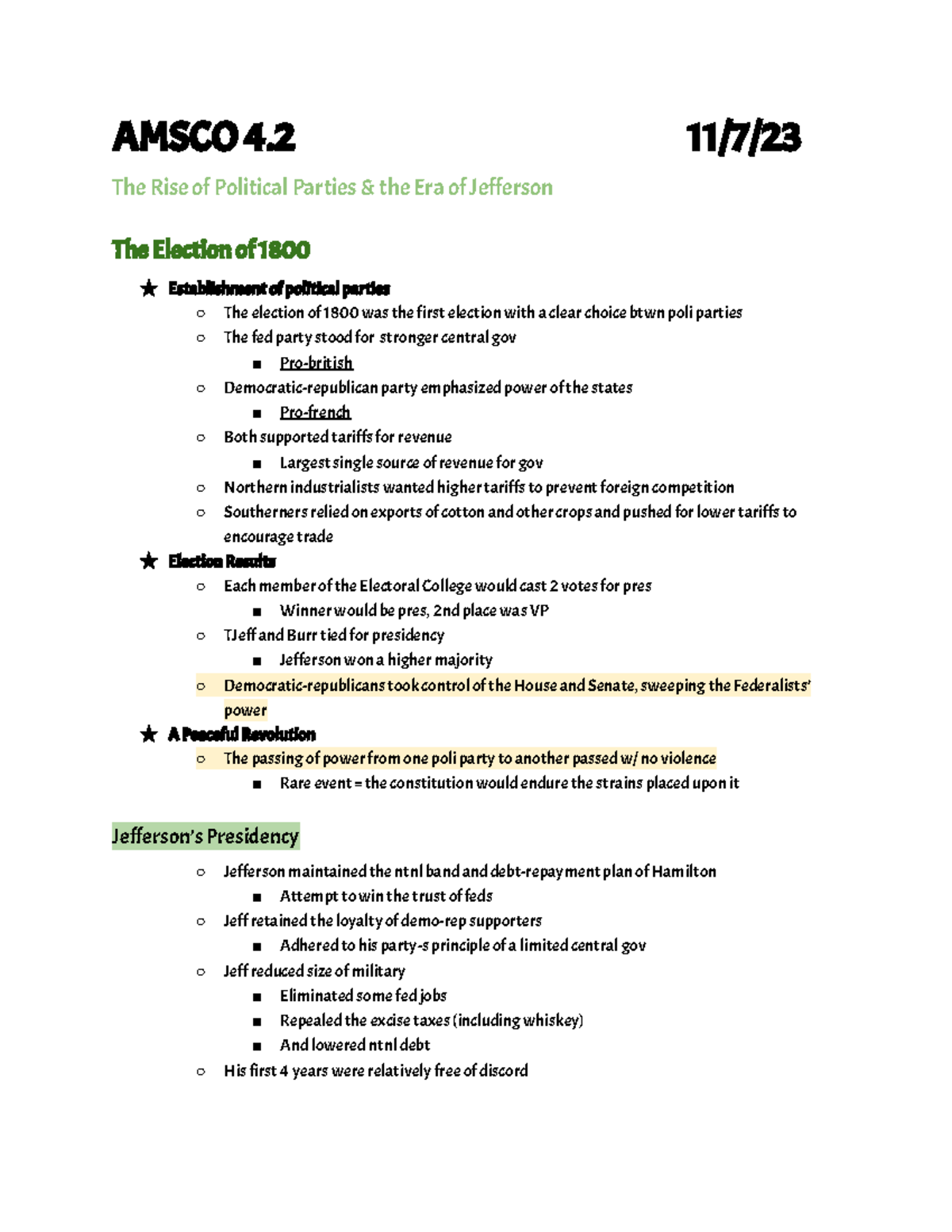 Apush - Amsco 4.2-4.6 ~ 11-7-23 - AMSCO 4 11/7/ The Rise Of Political ...