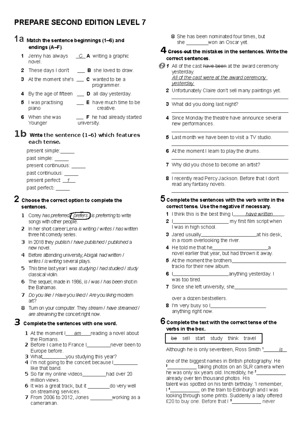 Unit 1 reinforcement page PREPARE SECOND EDITION LEVEL 7 1a Match the