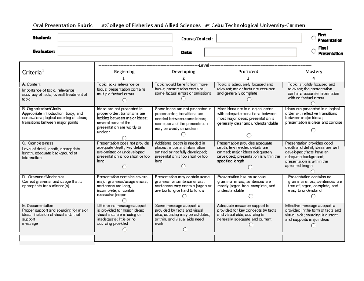 Final Oral Presentation Adapted Rubric - Oral Presentation Rubric ...