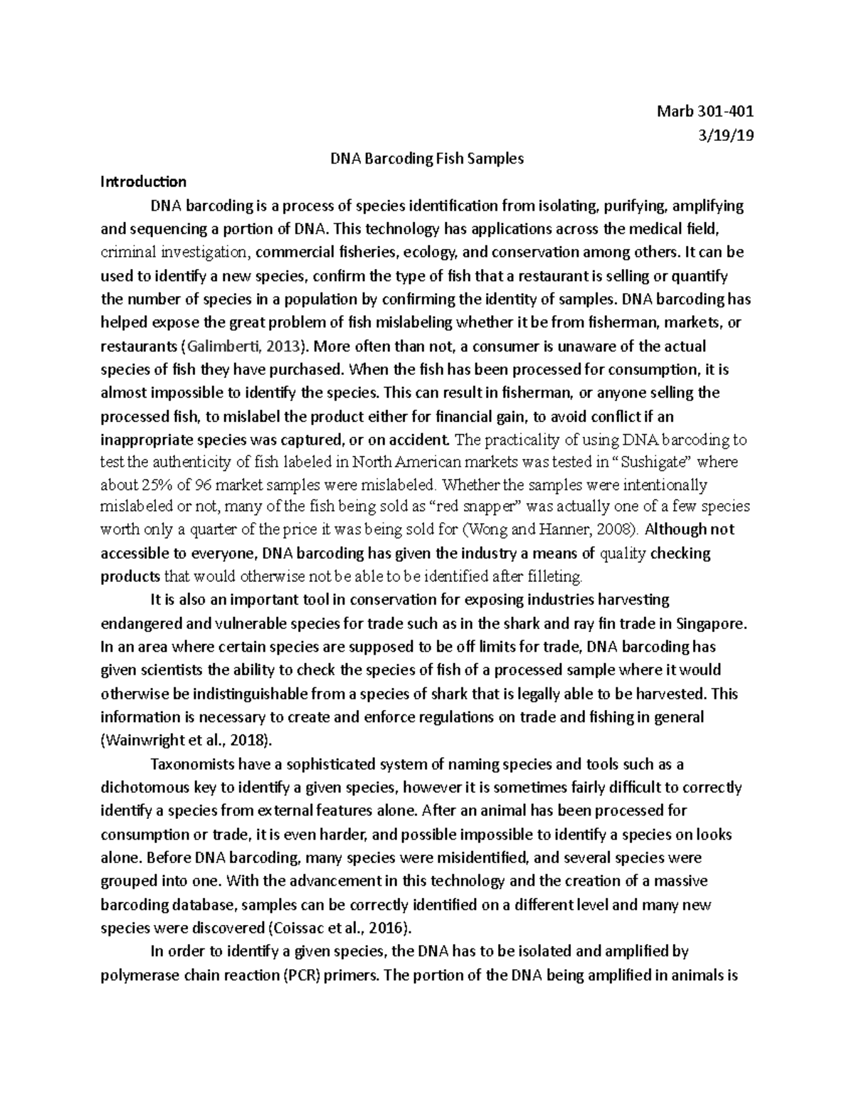 Barcoding.revised - Final genetics lab report - Marb 301- 3/19/ DNA ...