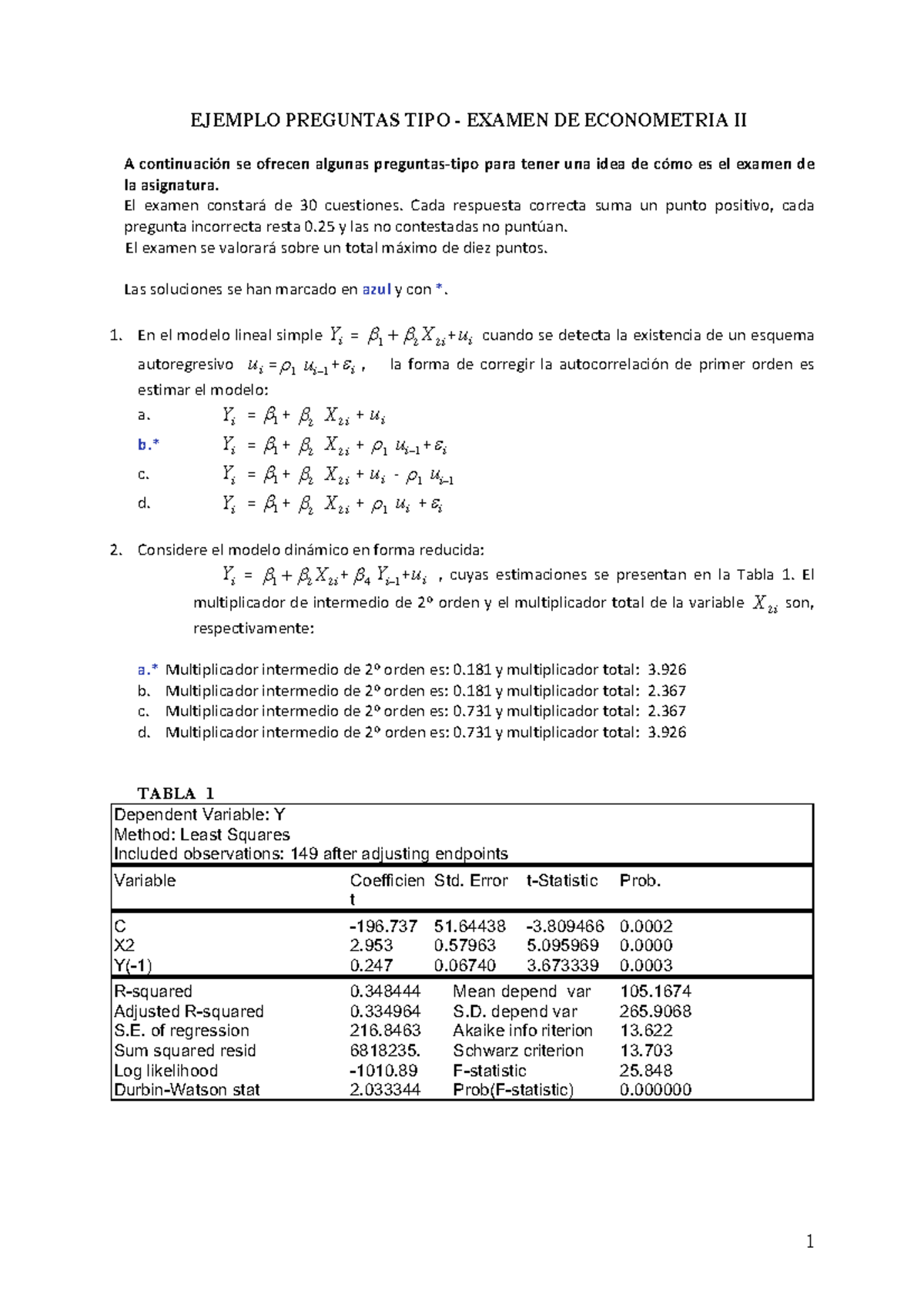 Examen Econometría II - EJEMPLO PREGUNTAS TIPO - EXAMEN DE ECONOMETRIA ...