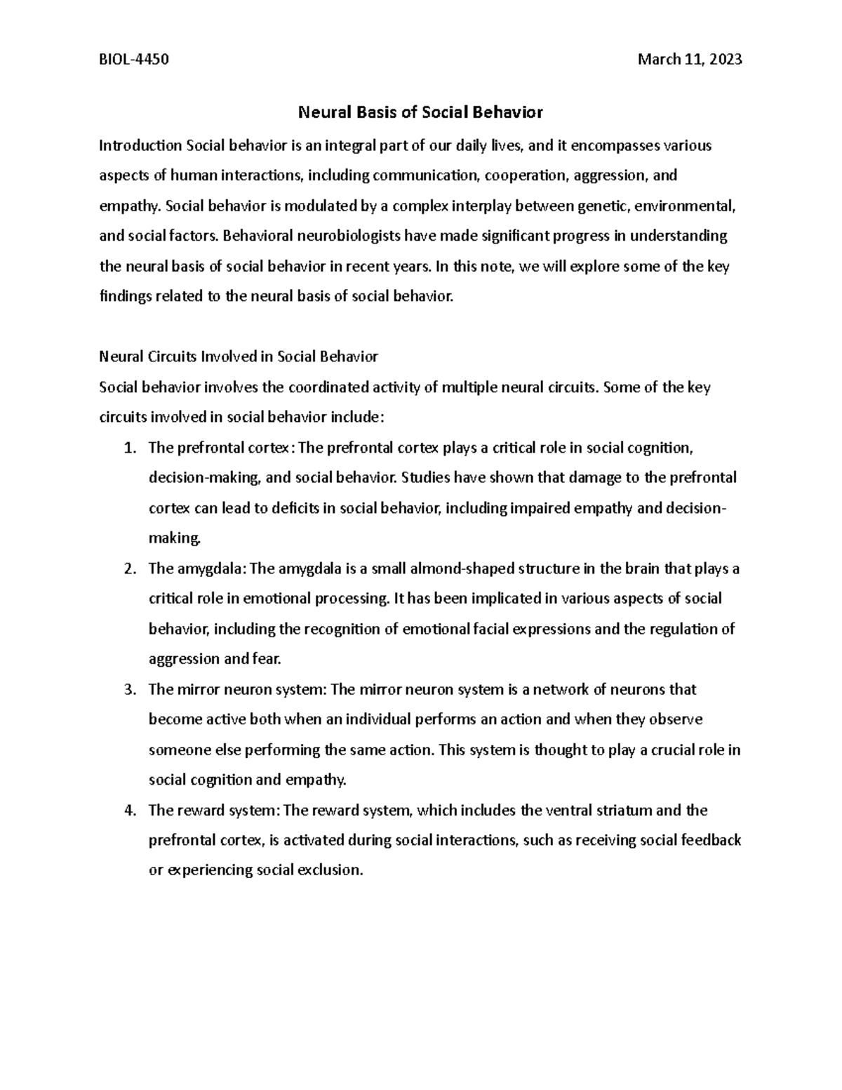 Neural basis of social behavior - BIOL-4450 March 11, 2023 Neural Basis ...