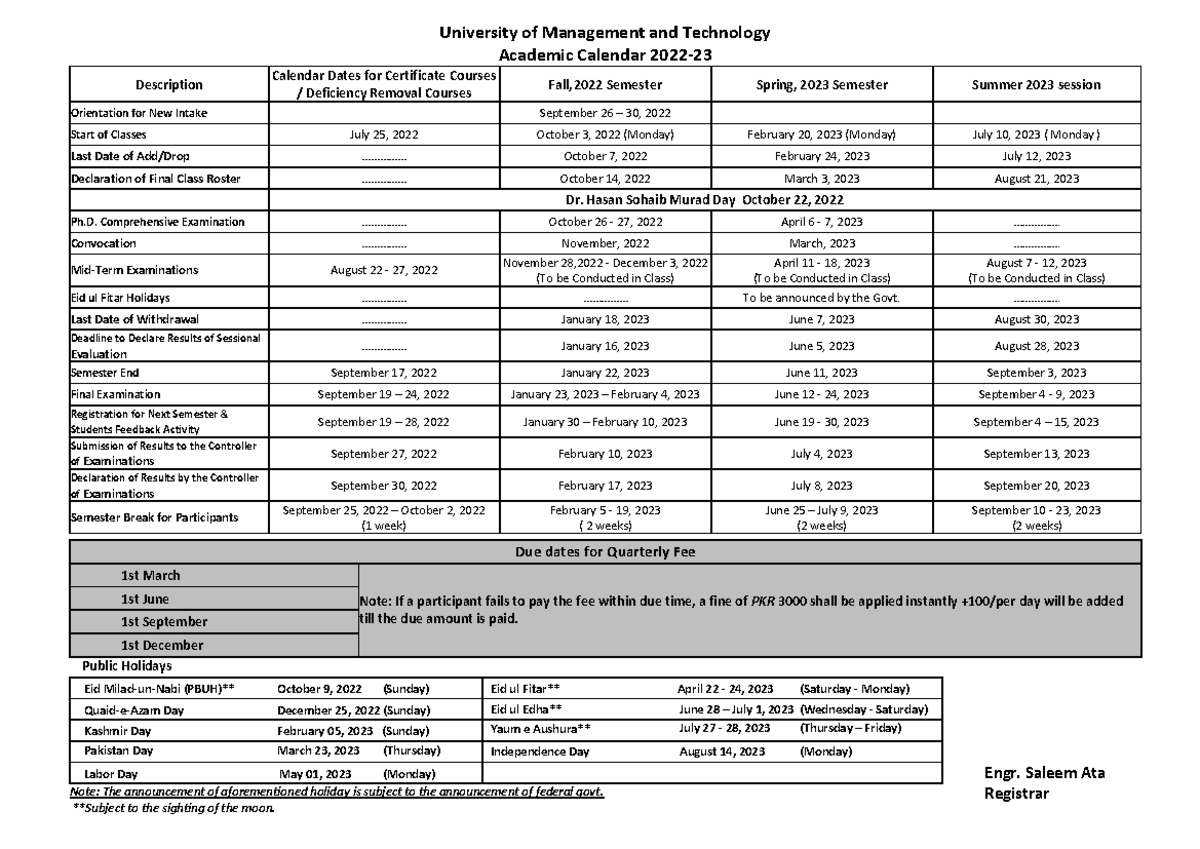 2022-23 Academic Calendar - University of Management and Technology