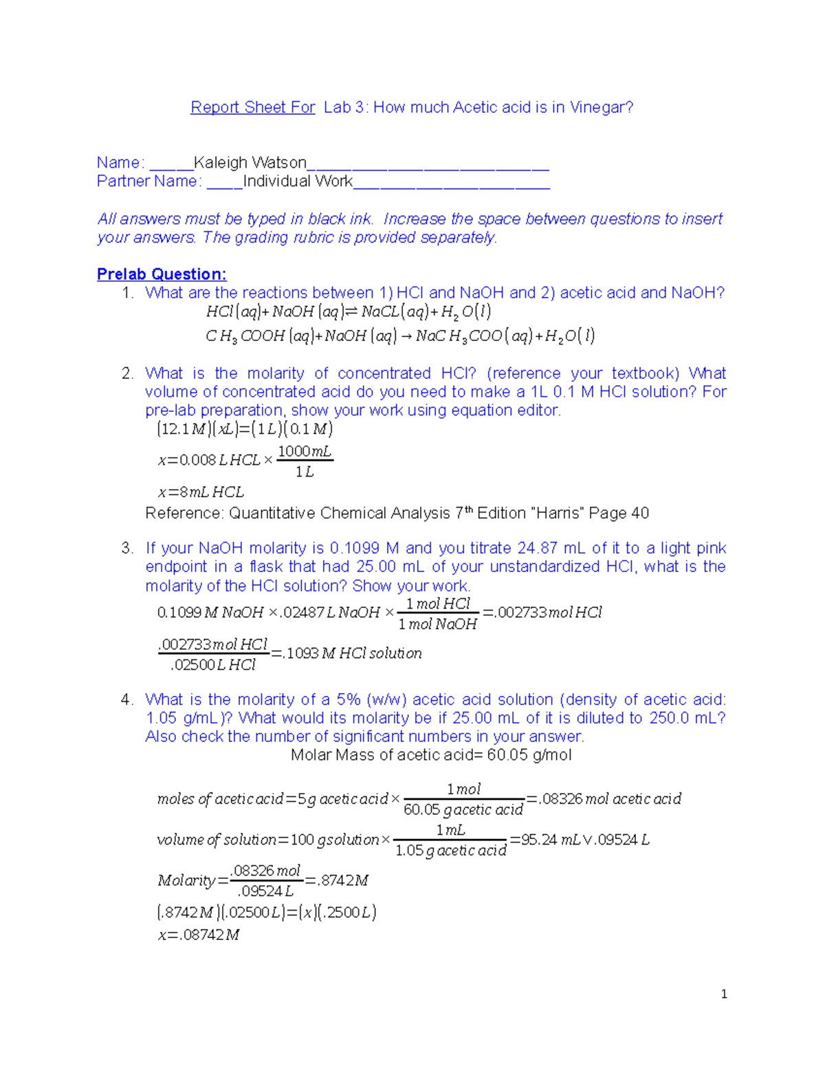 Quantitative Analytical Chemistry Lab 3 Report Sheet For Lab 3 How