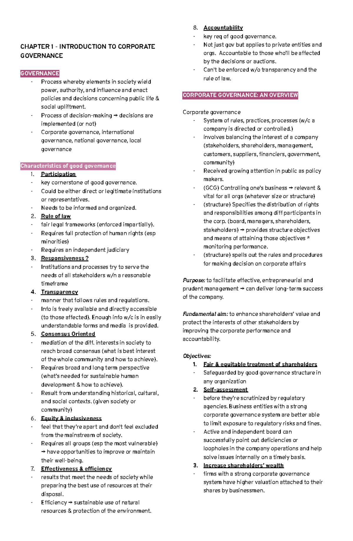 CORP GOV - CHAPTER 1 - INTRODUCTION TO CORPORATE GOVERNANCE GOVERNANCE ...