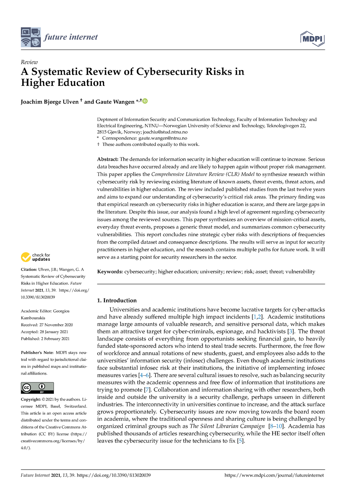 A Systematic Review Of Cybersecurity Risks In Higher Education - Future ...