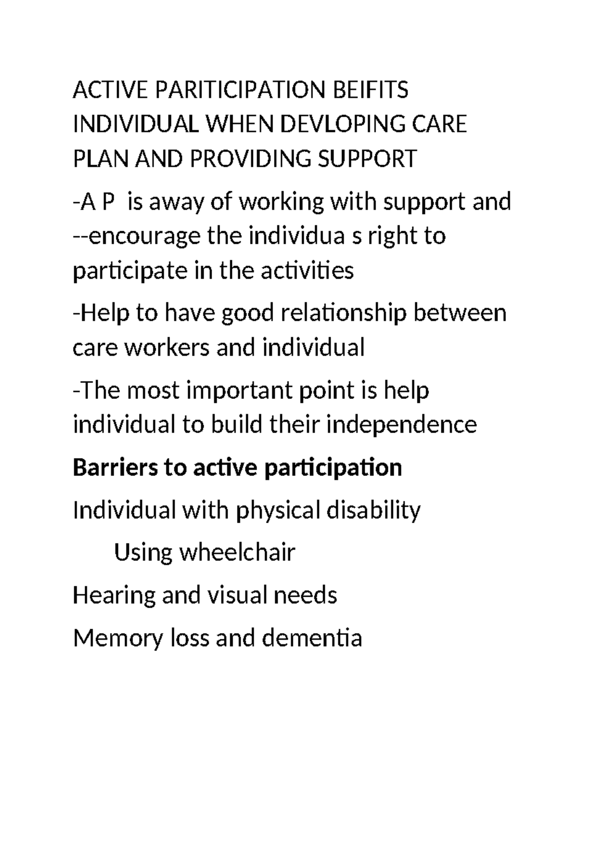 Active Pariticipation Beifits Individual WHEN Devloping CARE PLAN AND ...