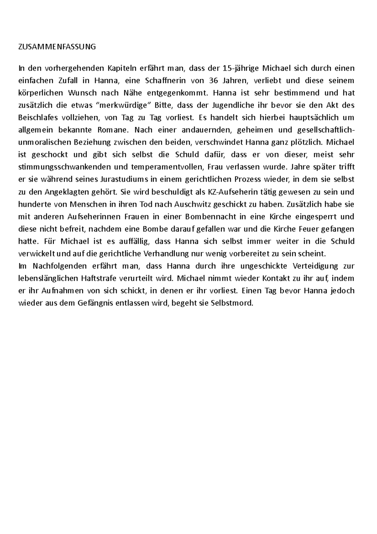 Der Vorleser Zusammenfassung Teil 1 Compito tedesco Vorleser 1 - ZUSAMMENFASSUNG In den vorhergehenden
