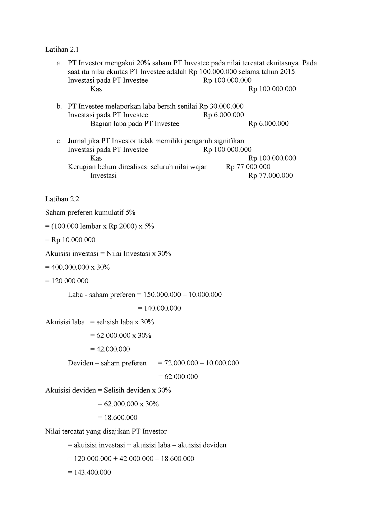 Jawaban Akl Bab 2 21 22 Latihan 2 A Pt Investor Mengakui 20 Saham