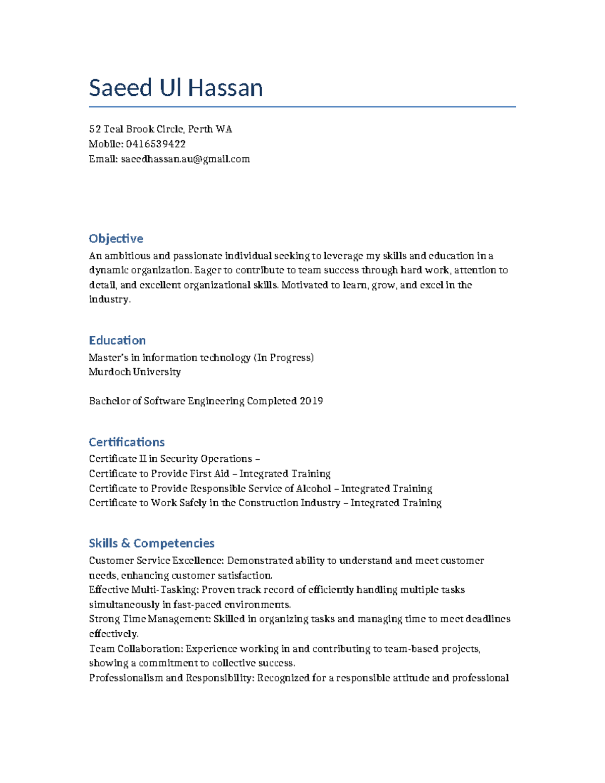 Saeed Hassan Security Resume - Saeed Ul Hassan 52 Teal Brook Circle ...