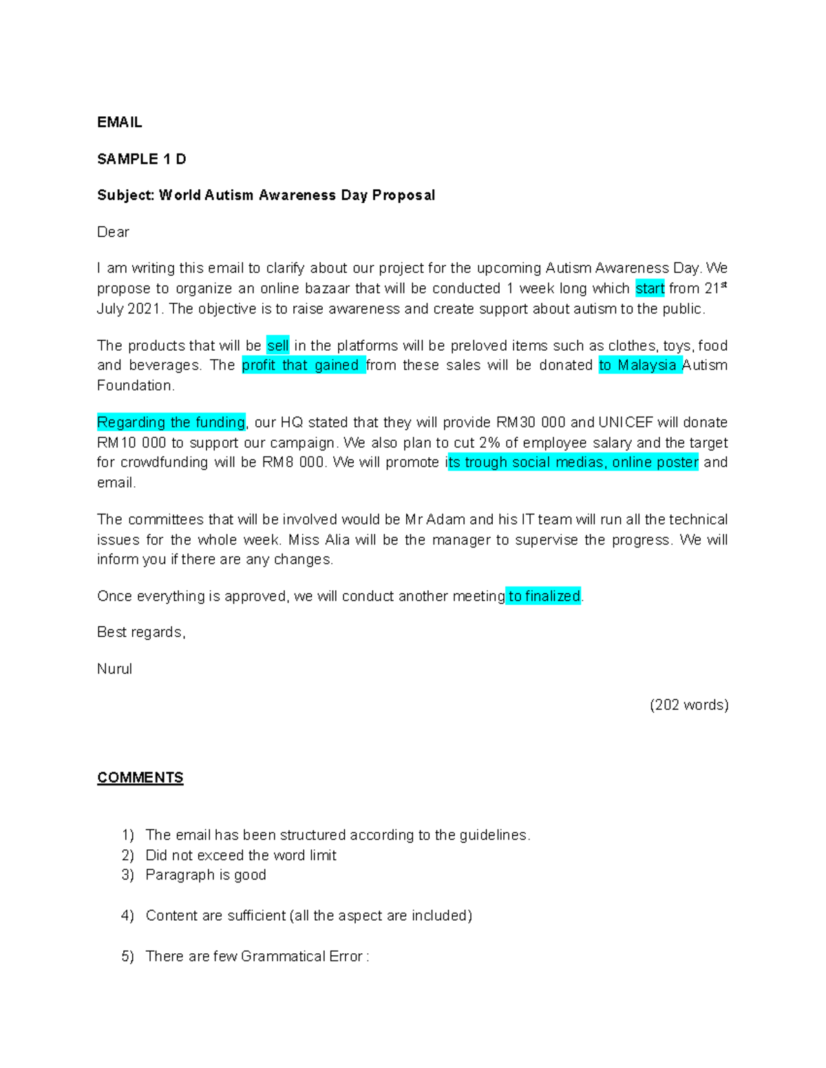 ELC650 Email comment (correction) and - EMAIL SAMPLE 1 D Subject: World ...
