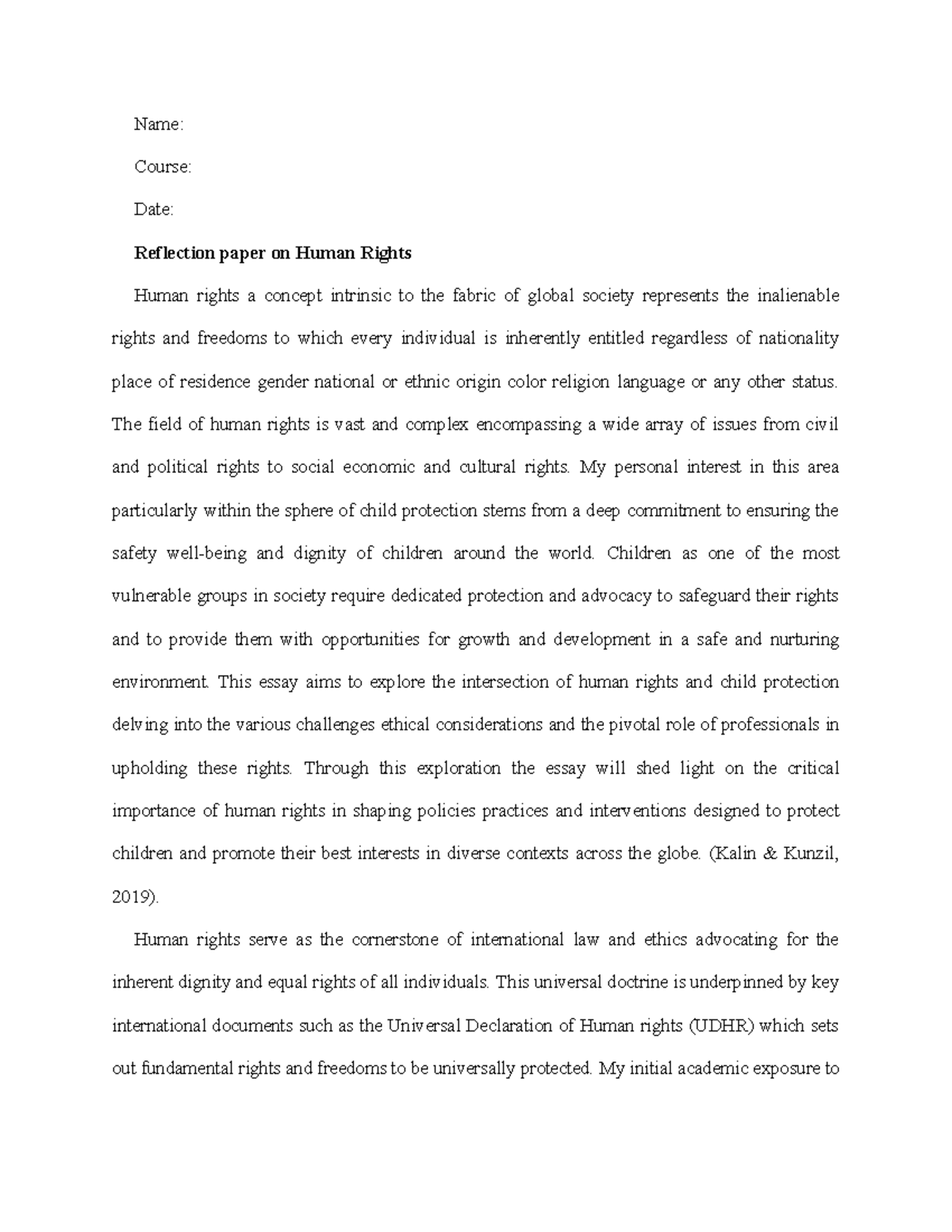 Reflection paper, human rights - Name: Course: Date: Reflection paper ...