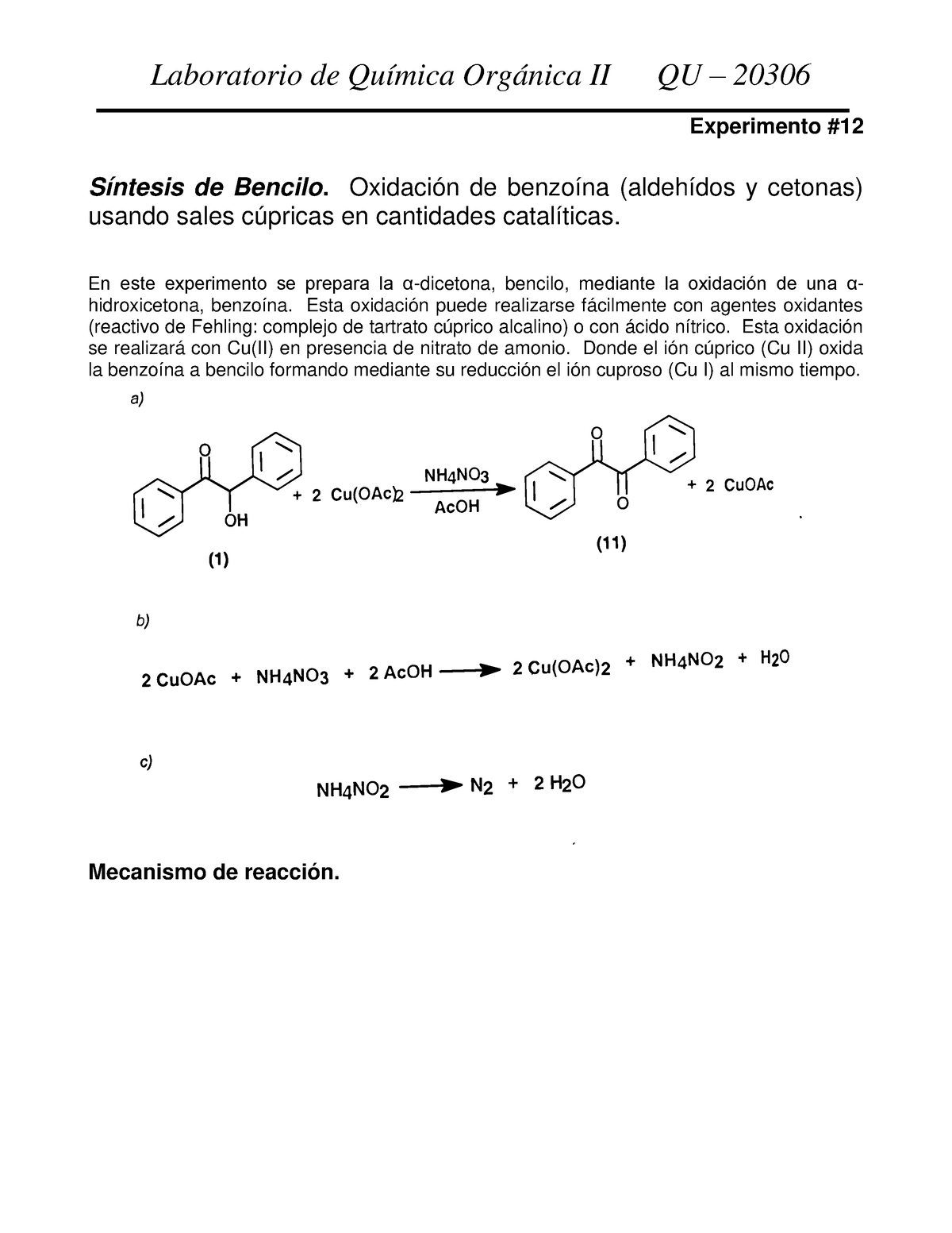 Práctica 10 Síntesis De Bencilo Experimento Síntesis De Bencilo Oxidación De Benzoína 6304