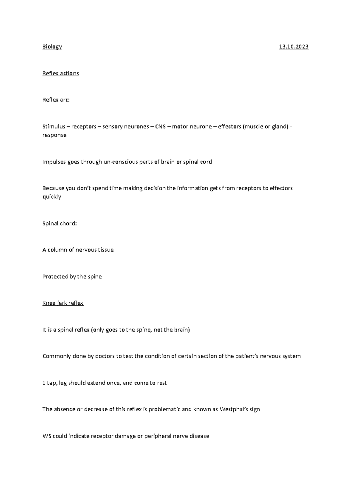 Reflex actions 16102023 - Biology 13. Reflex actions Reflex arc ...