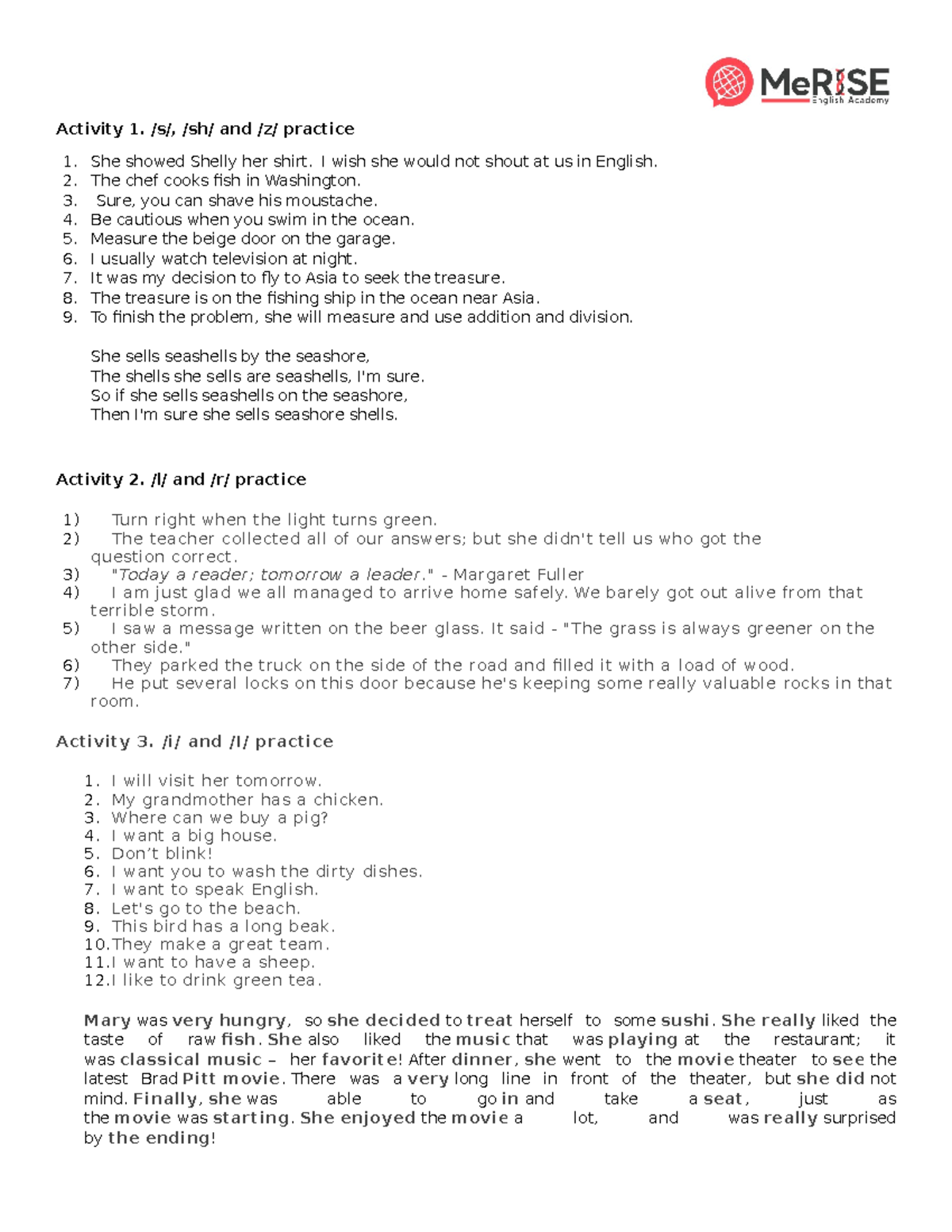 All activity - Basic English practice - Activity 1. /s/, /sh/ and /z ...
