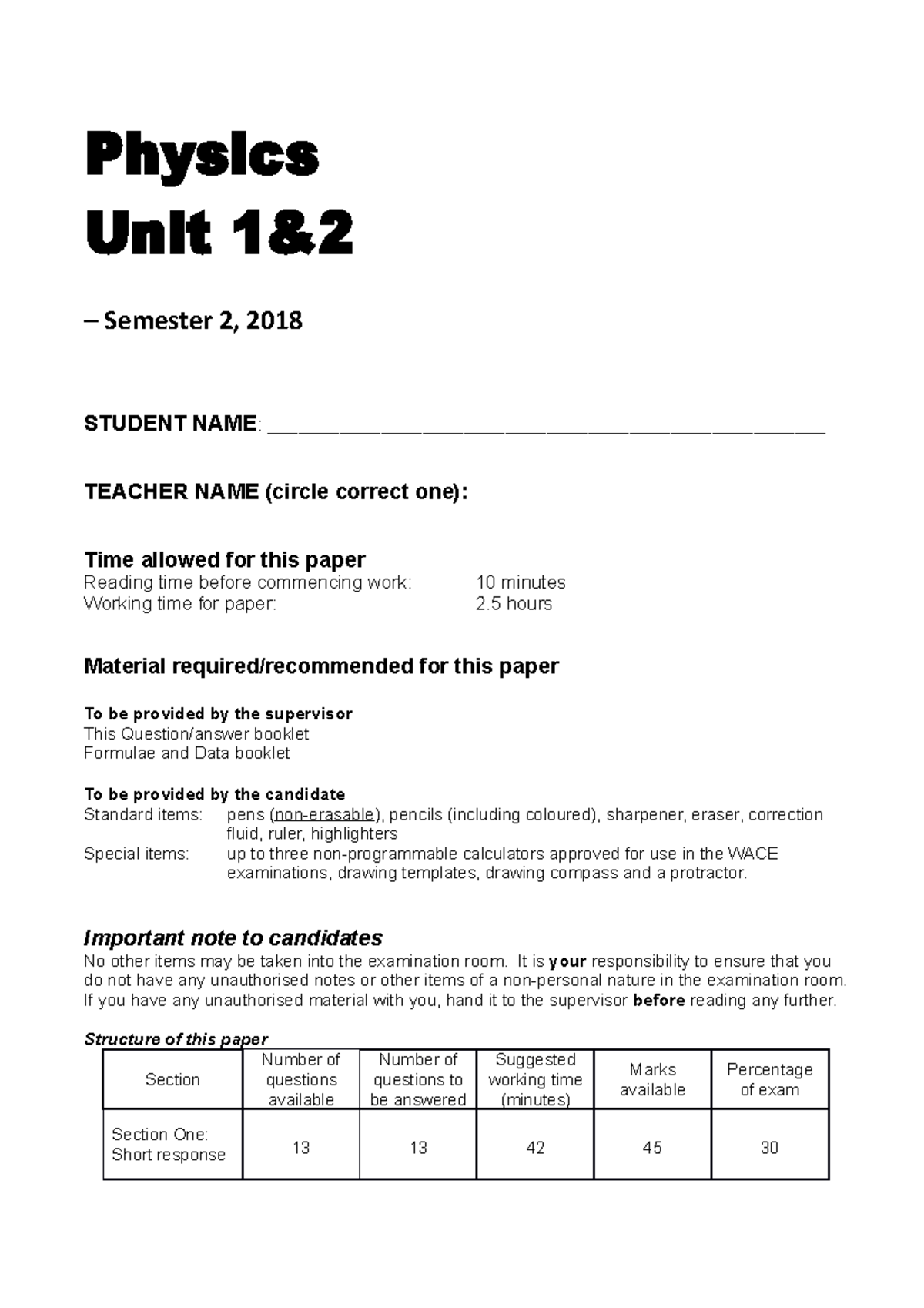 2018 Year 11 Physics Unit 1 and 2 exam - Physics Unit 1& – Semester 2 ...