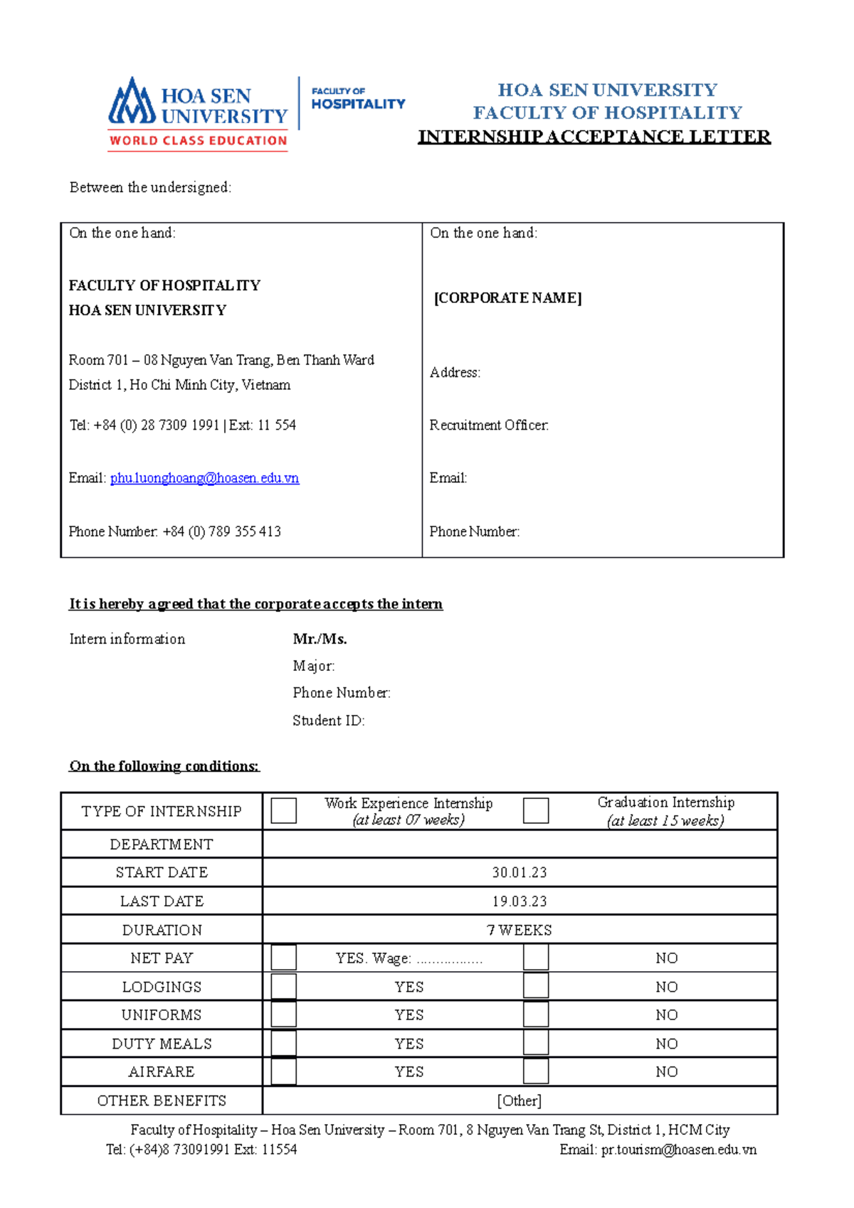 Phiếu tiếp nhận sinh viên thực tập - HOA SEN UNIVERSITY FACULTY OF ...