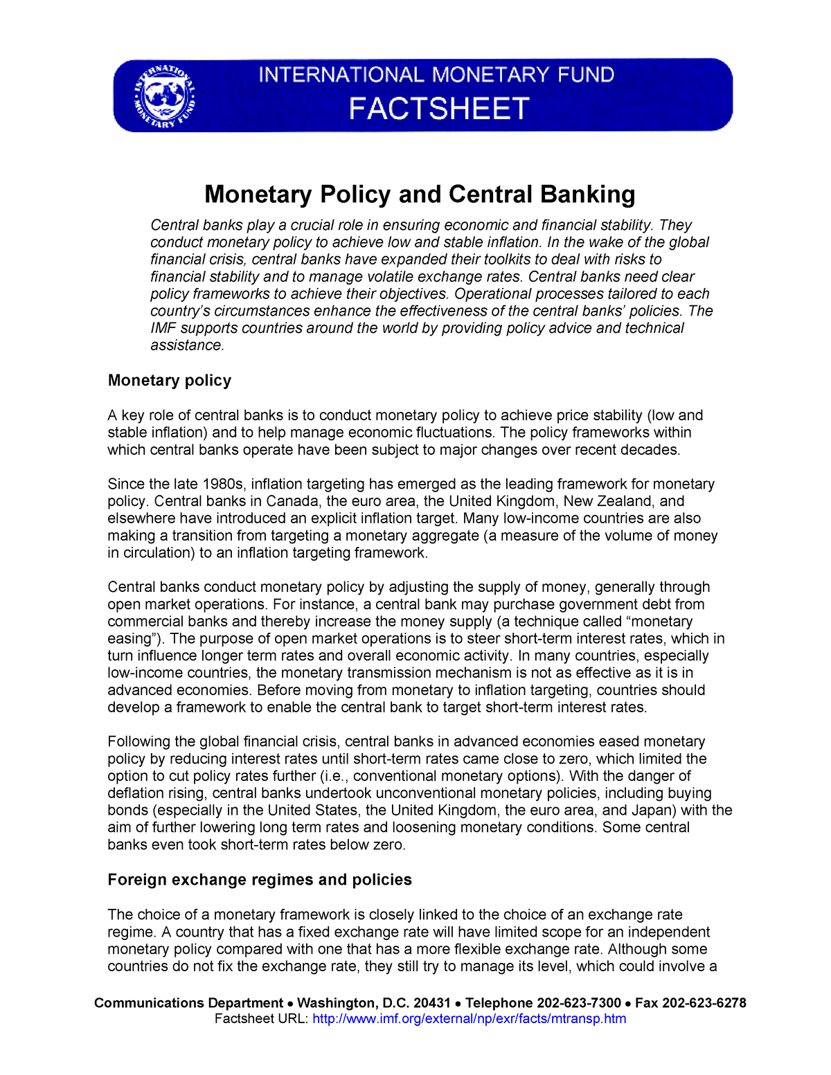 Monetary Policy - ..... - Communications Department Washington, D ...