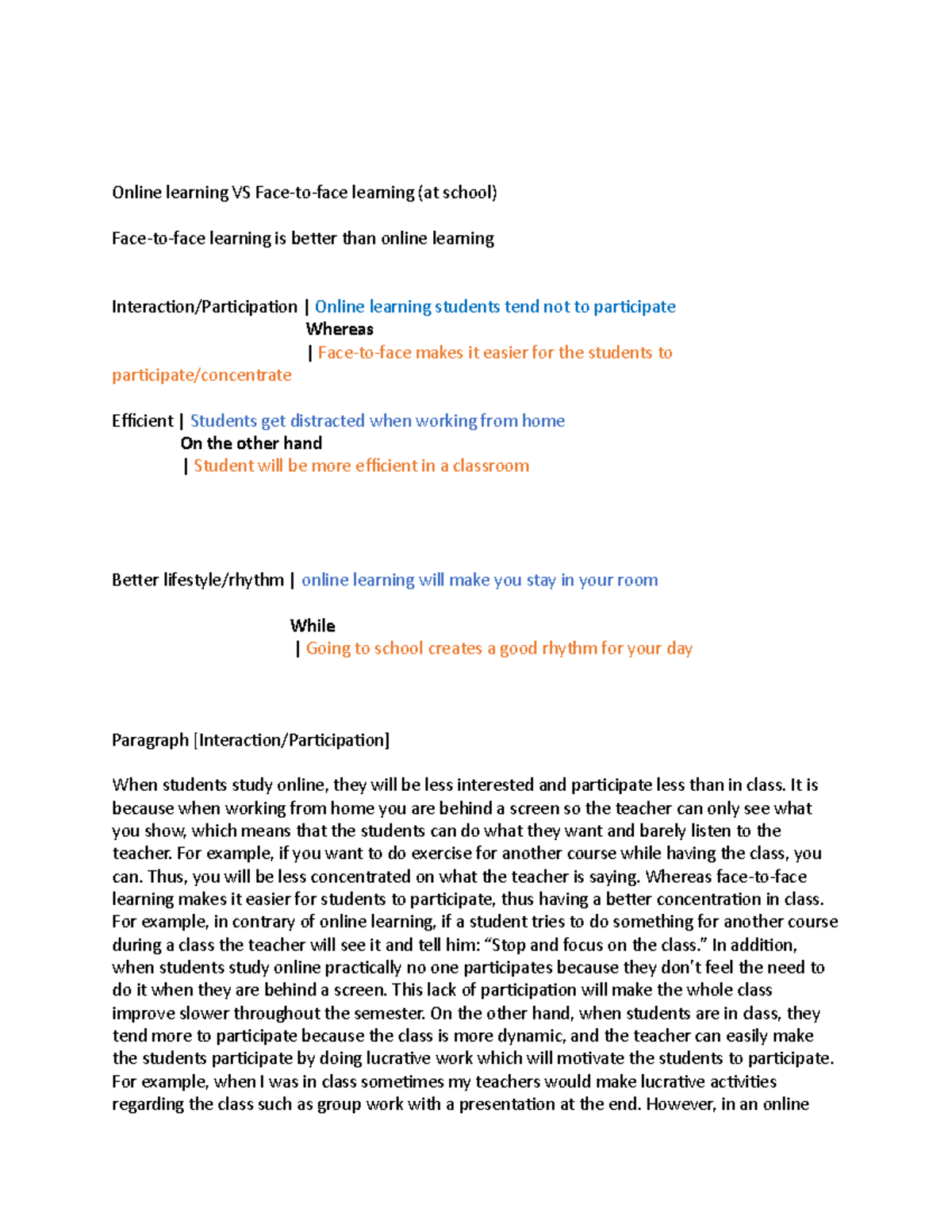 3 paragraph essay about face to face classes